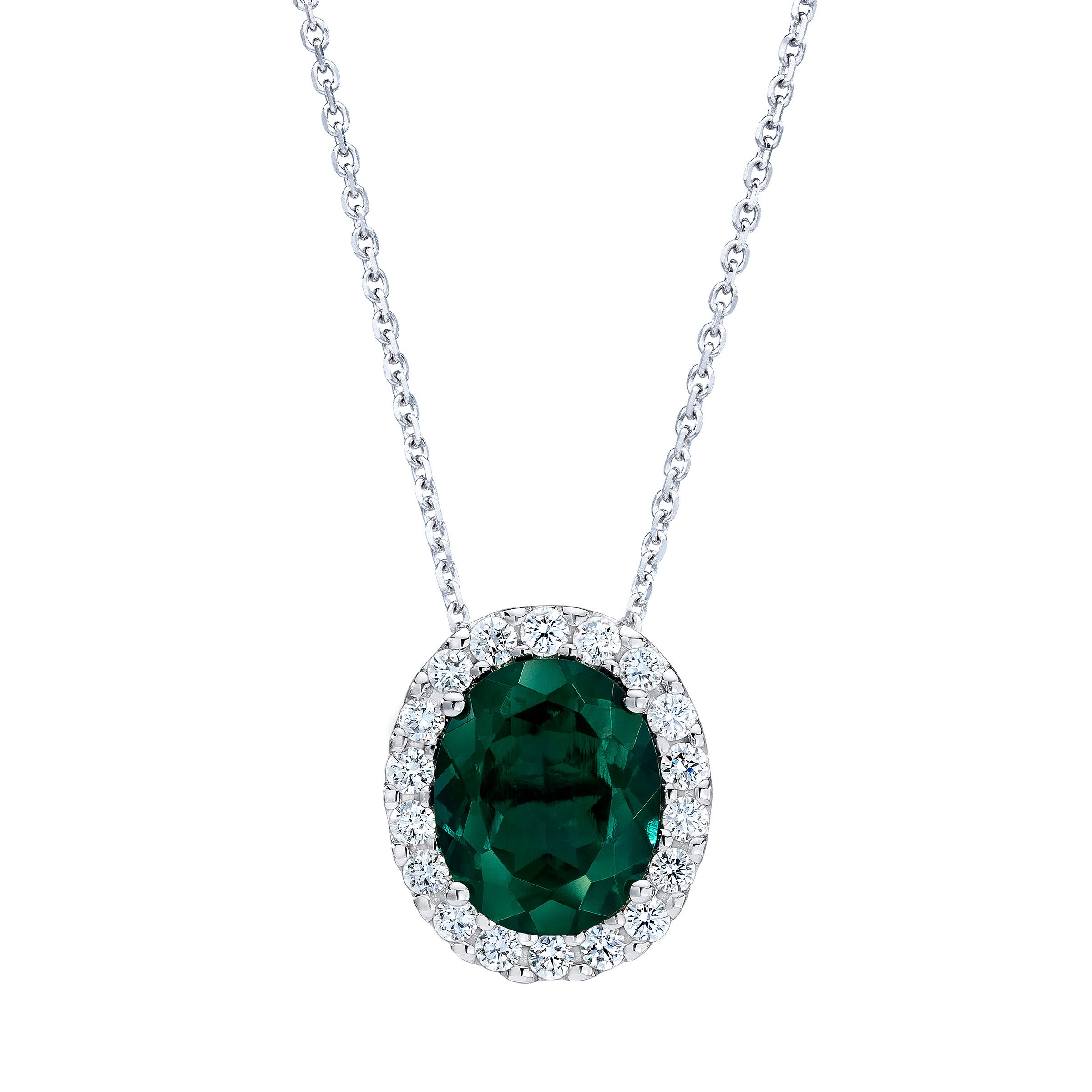 14KT WHITE GOLD VS2 I 0.45CWT DIAMOND & OVAL LAB EMERALD PENDANT