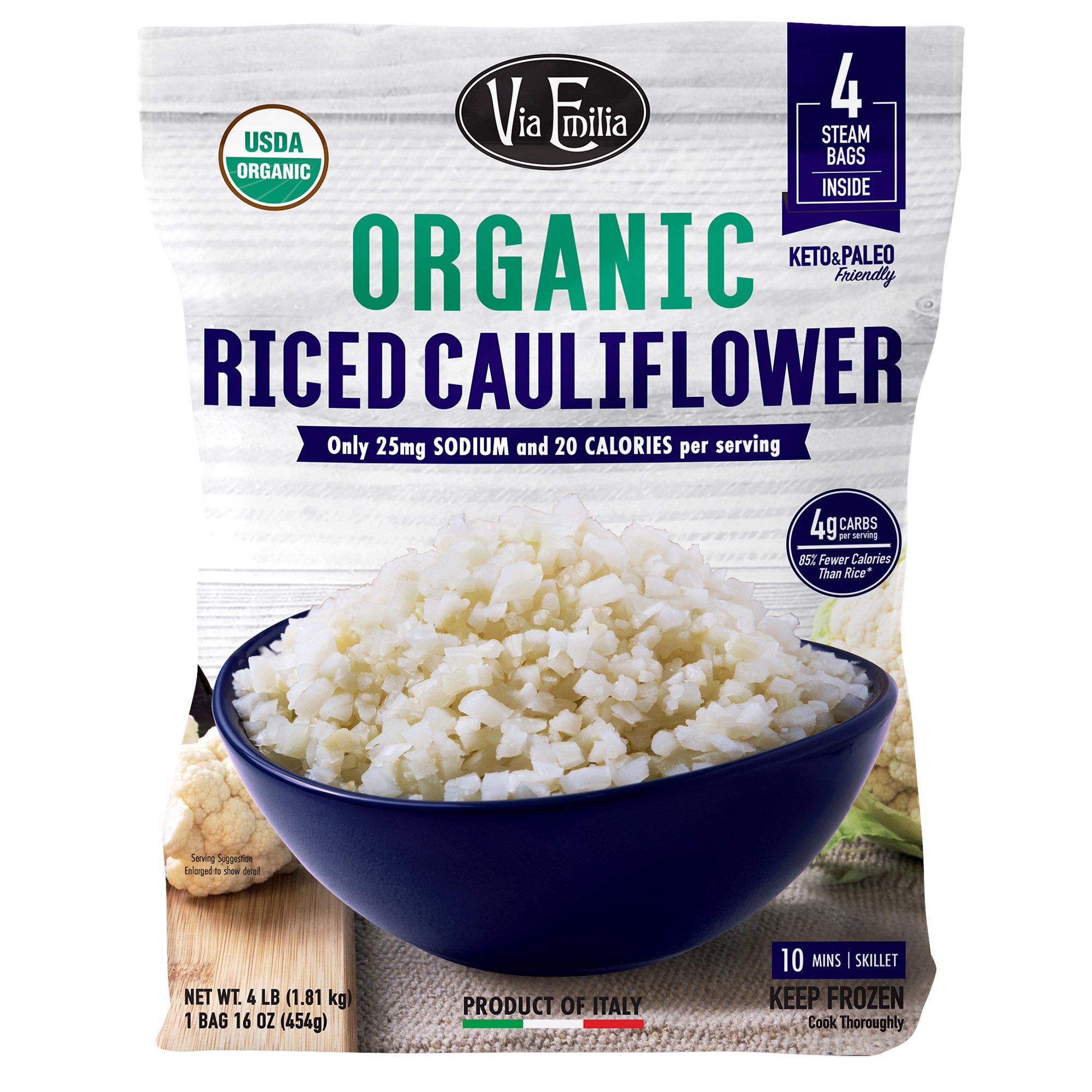 VIA EMILIA ORGANIC RICED CAULIFLOWER 4/16 OUNCE PACKAGES