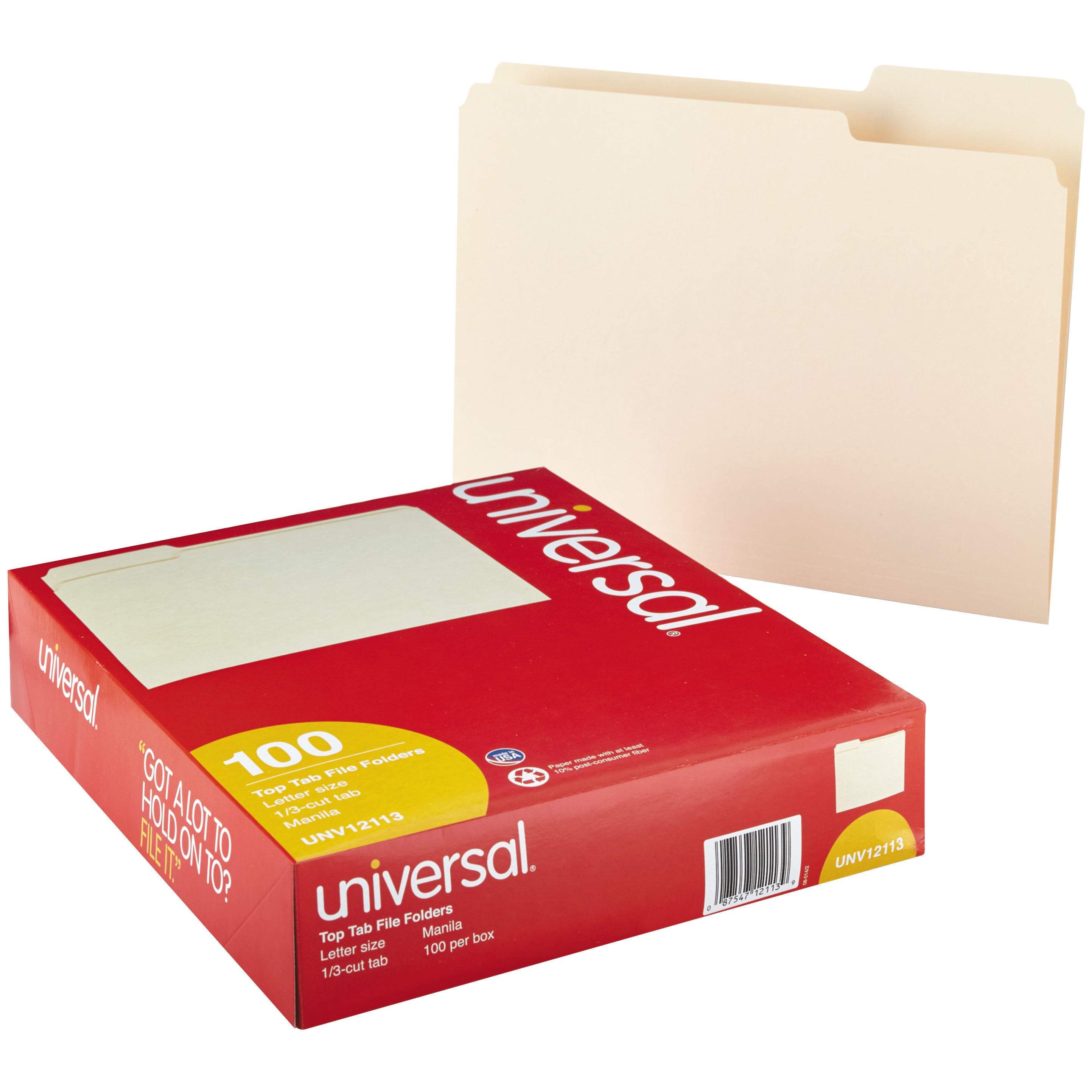 UNIVERSAL MANILA TOP TAB FILE FOLDERS UNV12113 100CT 1/3CUT - Image 1