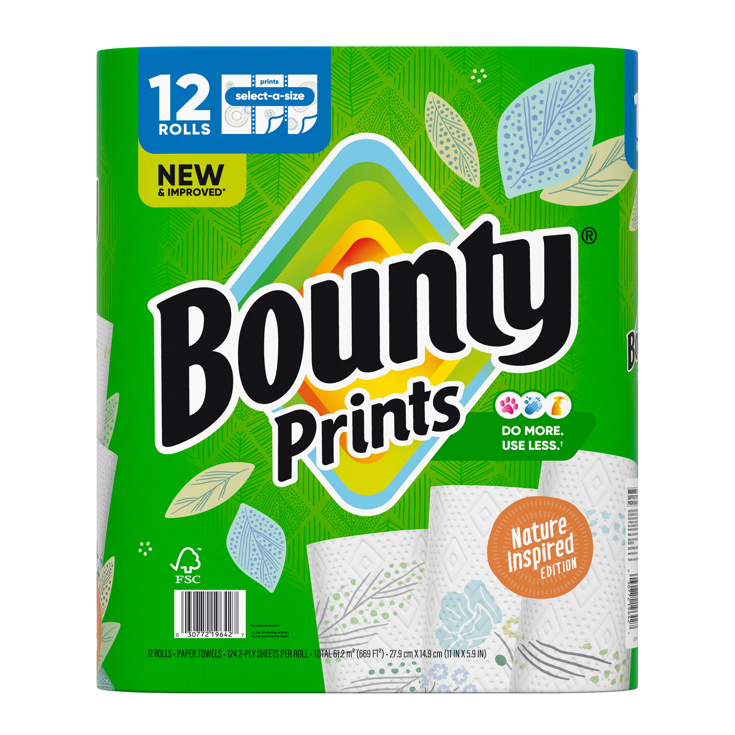 BOUNTY PRINTS PAPER TOWELS 669 SQFT 12 ROLLS / 124 SHEETS