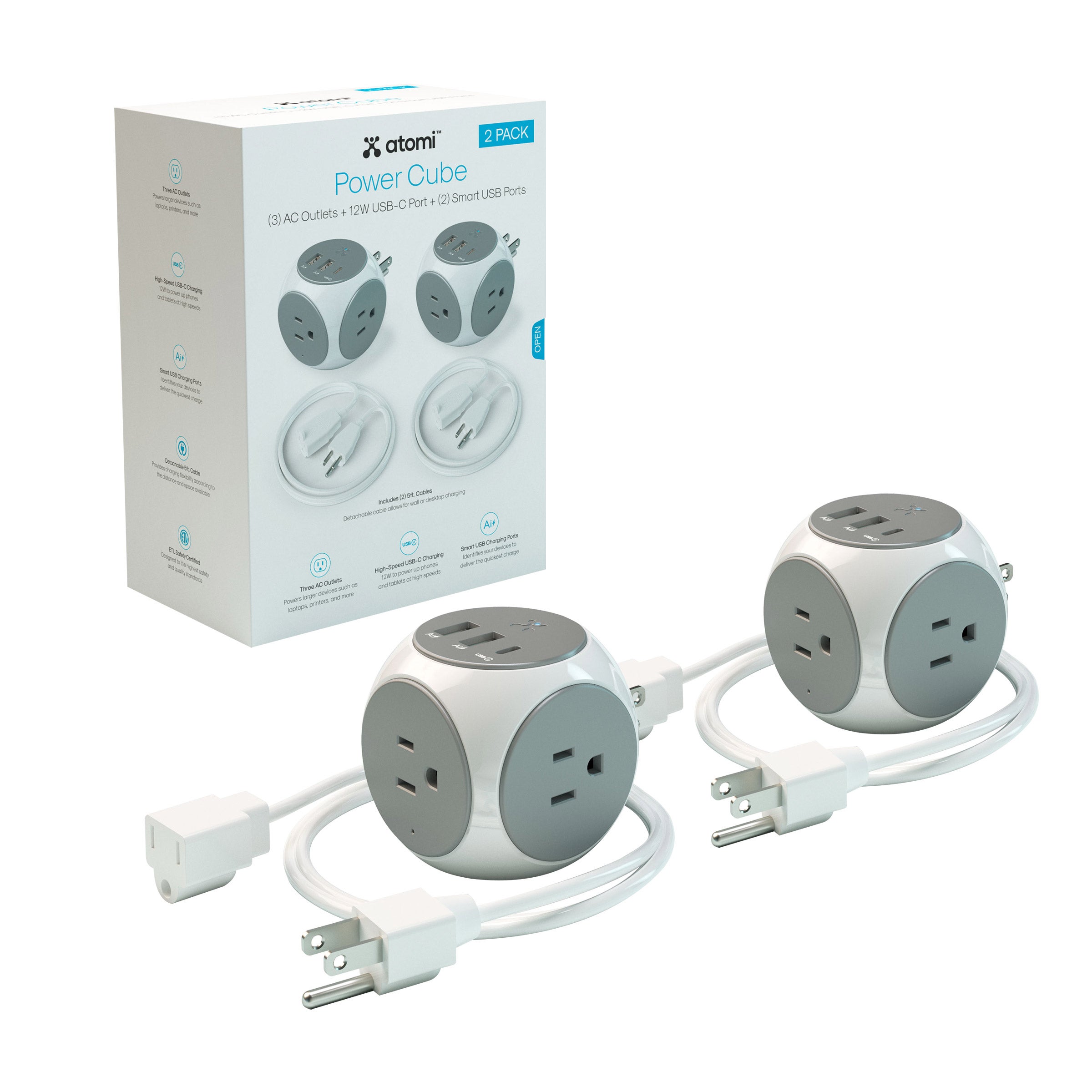 ATOMI POWER CUBE 2 PK. 3 AC OUTLETS 2 USB-A AND 1 USB-C ^