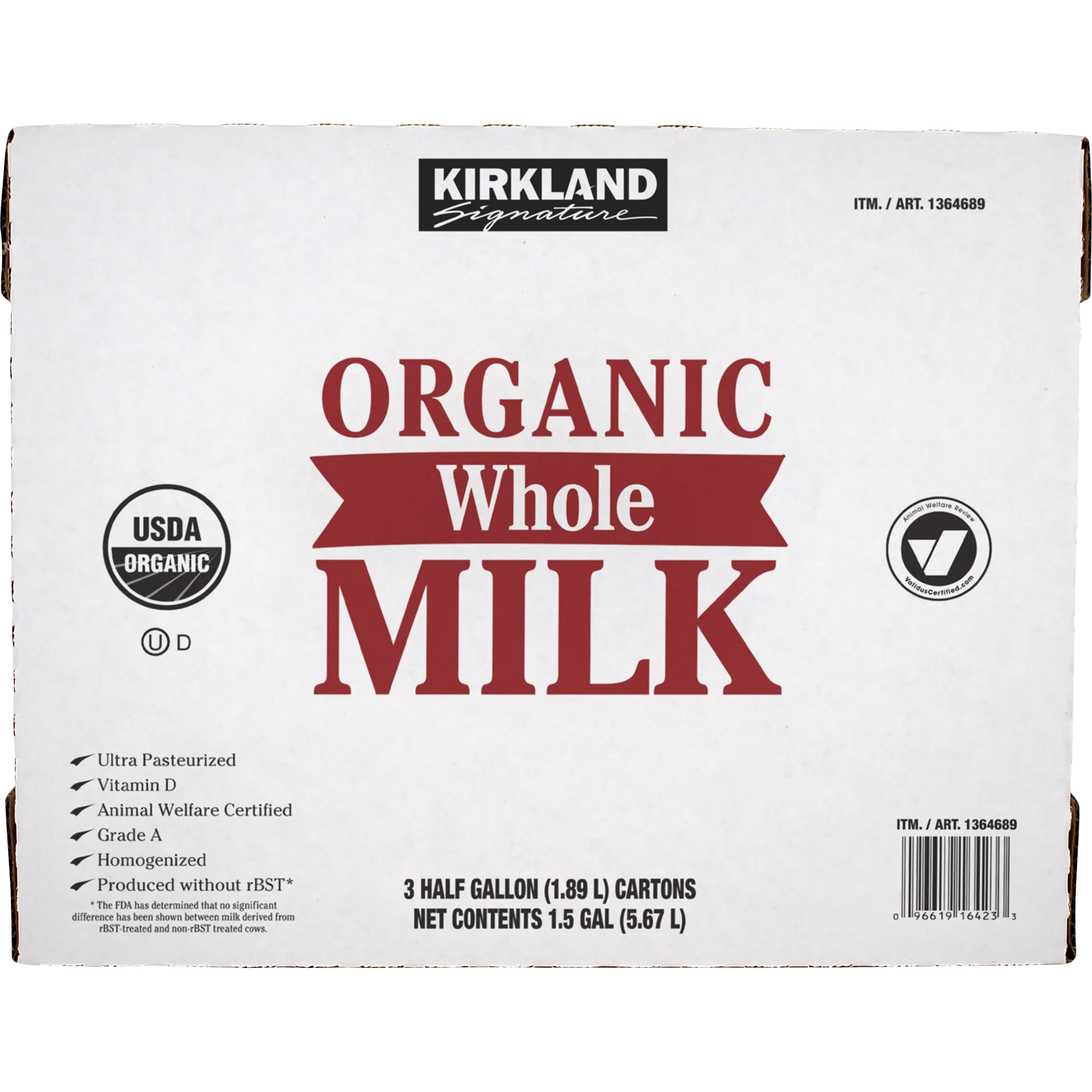KIRKLAND SIGNATURE ORGANIC WHOLE MILK 3/64 OUNCE CARTONS