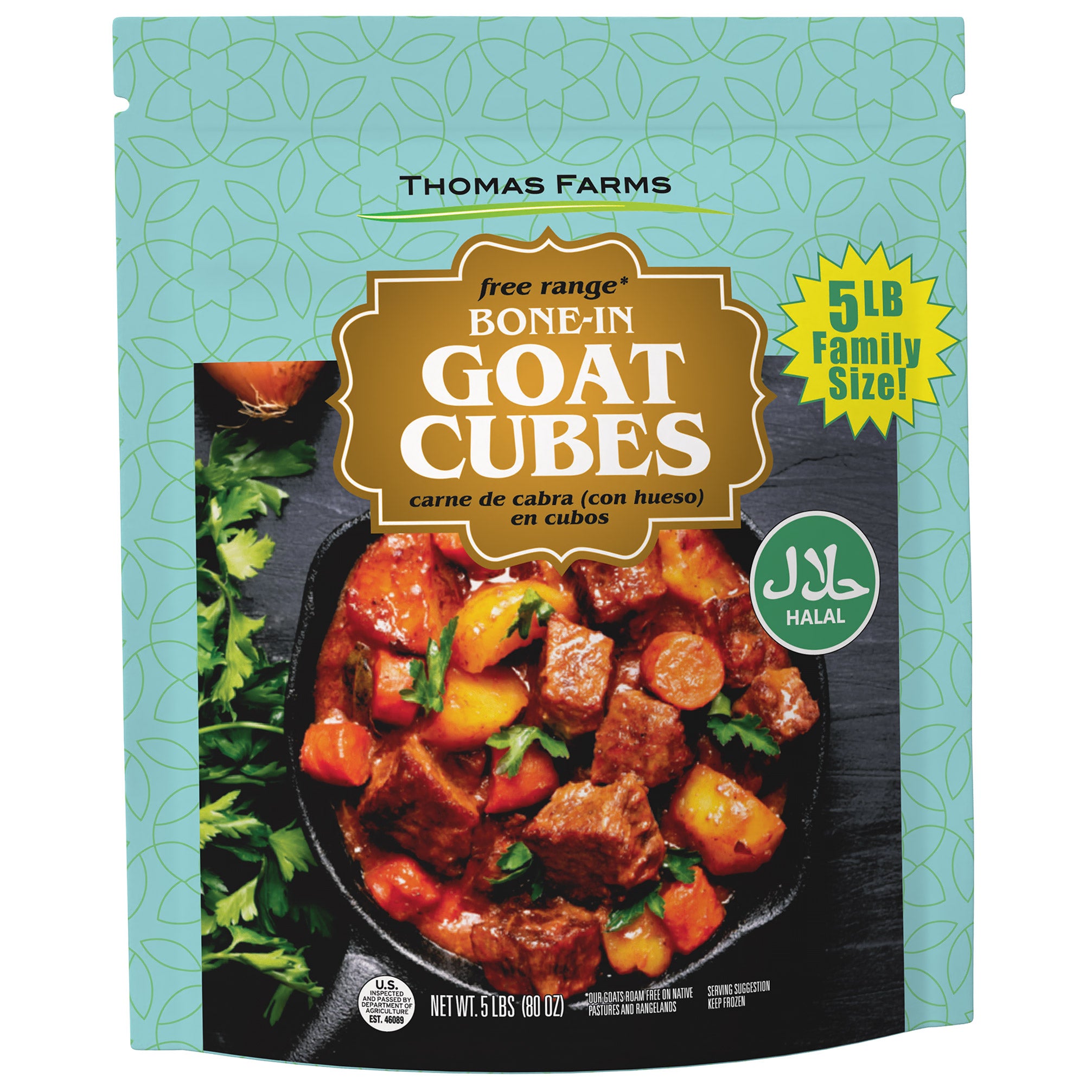 THOMAS FARMS HALAL B/I GOAT CUBES 5 POUND BAG - Image 1