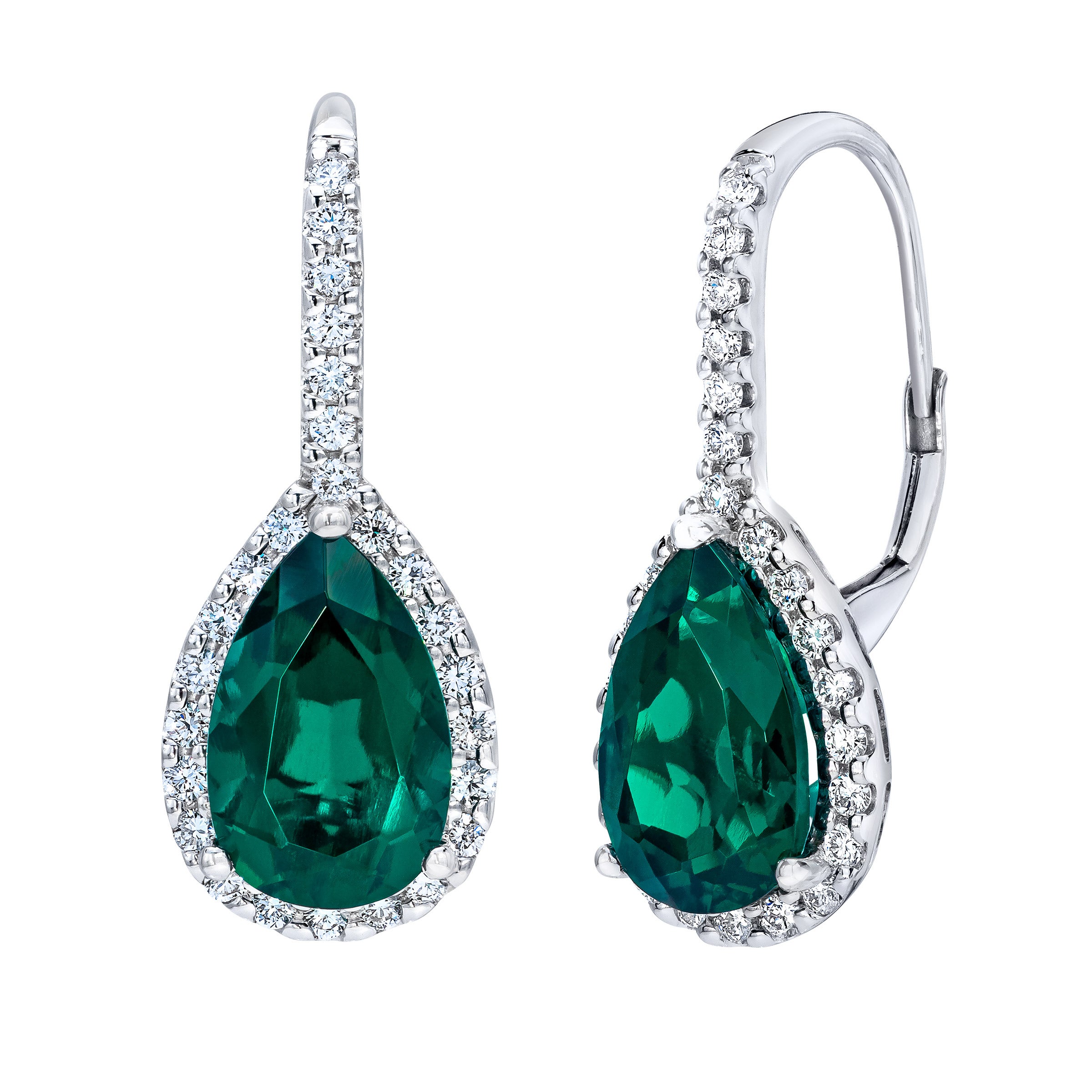 14KT WHITE GOLD .50CTW VS2 I DIAMOND & PEAR LAB EMERALD EARRINGS - Image 1
