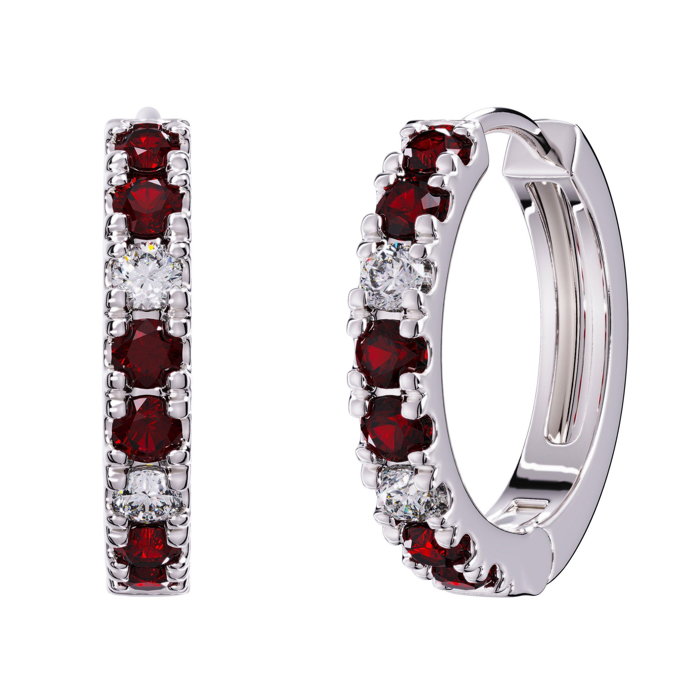 14KT WHITE GOLD VS2 I 0.11CTW DIAMOND & RUBY HOOP EARRINGS - Image 1