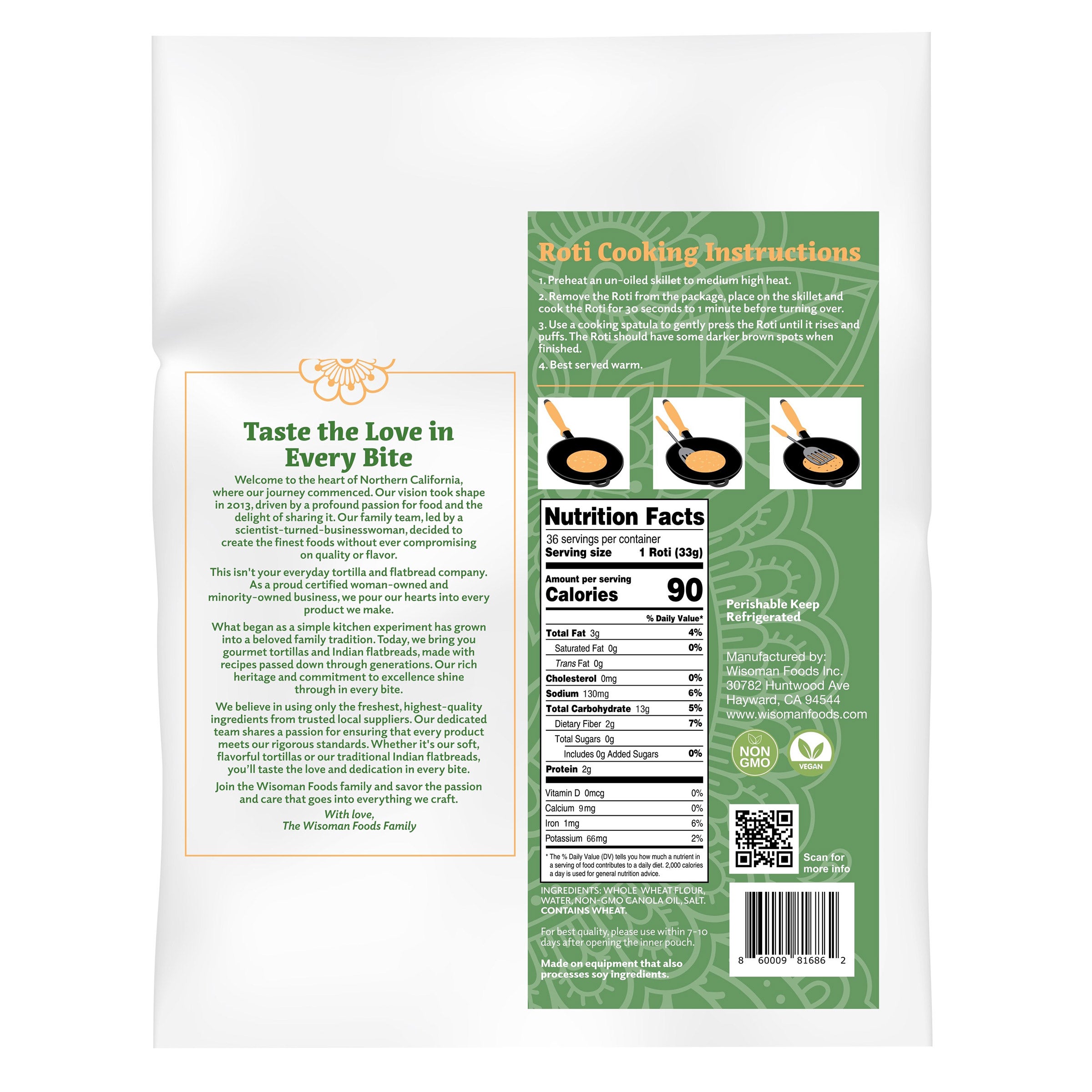WISOMAN FOODS UNCOOKED WHOLE WHEAT ROTI 36 COUNT 42 OUNCES