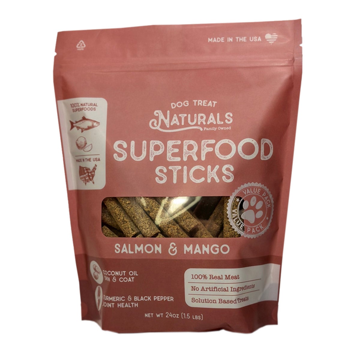 DOG TREAT NATURALS SUPERFOOD STICKS SALMON MANGO 24 OZ