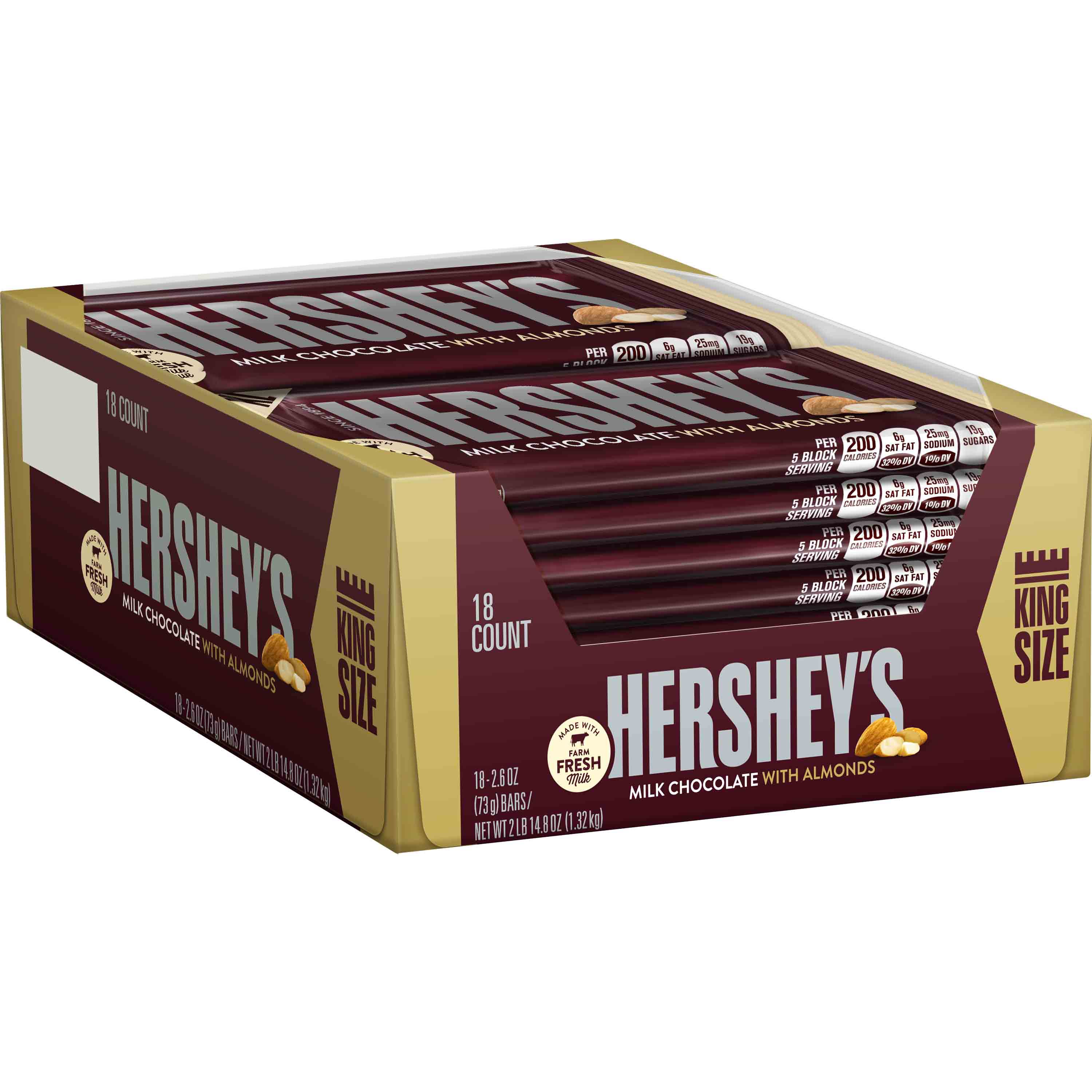 HERSHEY'S KING SIZE CHOCOLATE W/ALMONDS 18 CT (2.925 LB)