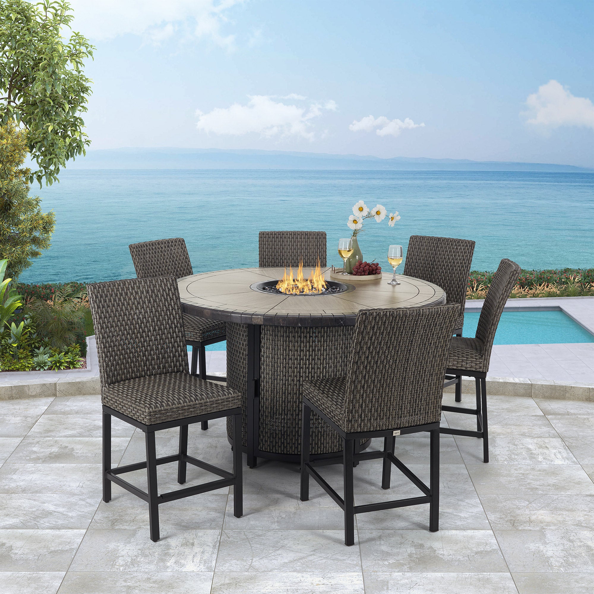 AGIO PARK FALLS 7 PC HIGH DINING SET WITH FIRE TABLE