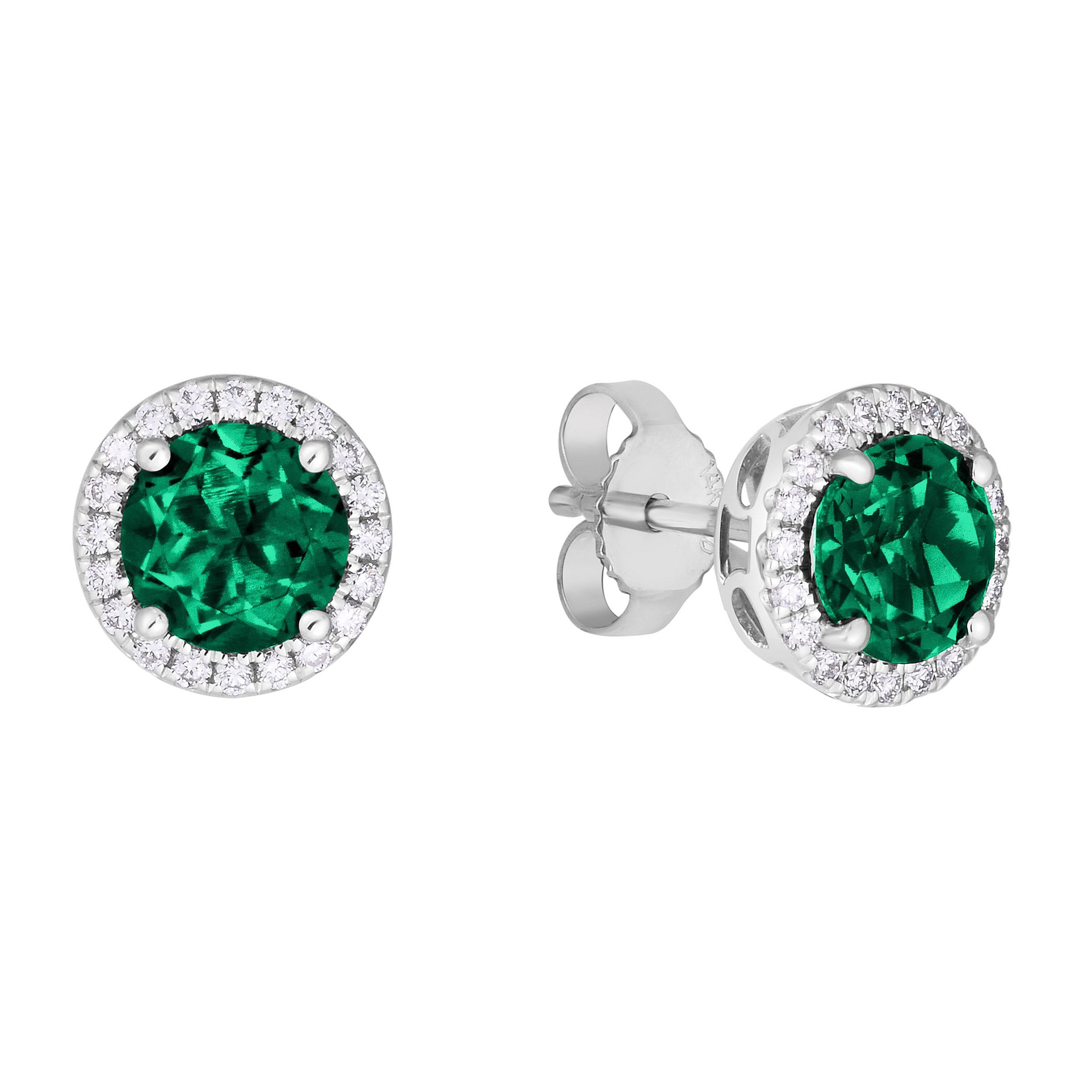 14KT WHITE GOLD VS2 I 0.17CTW DIAMOND & LAB EMERALD EARRINGS - Image 1