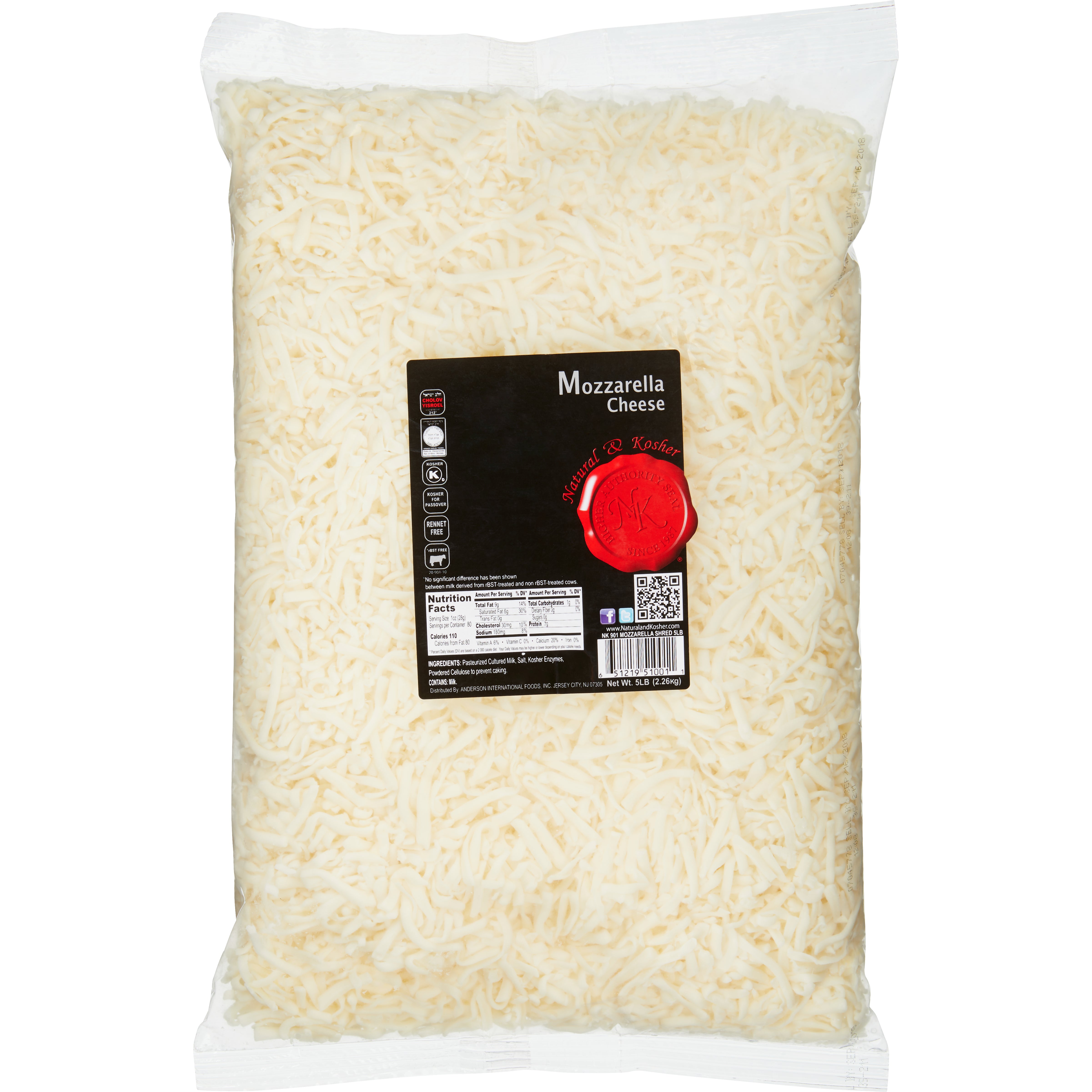 NATURAL & KOSHER SHREDDED MOZZARELLA 5 LBS