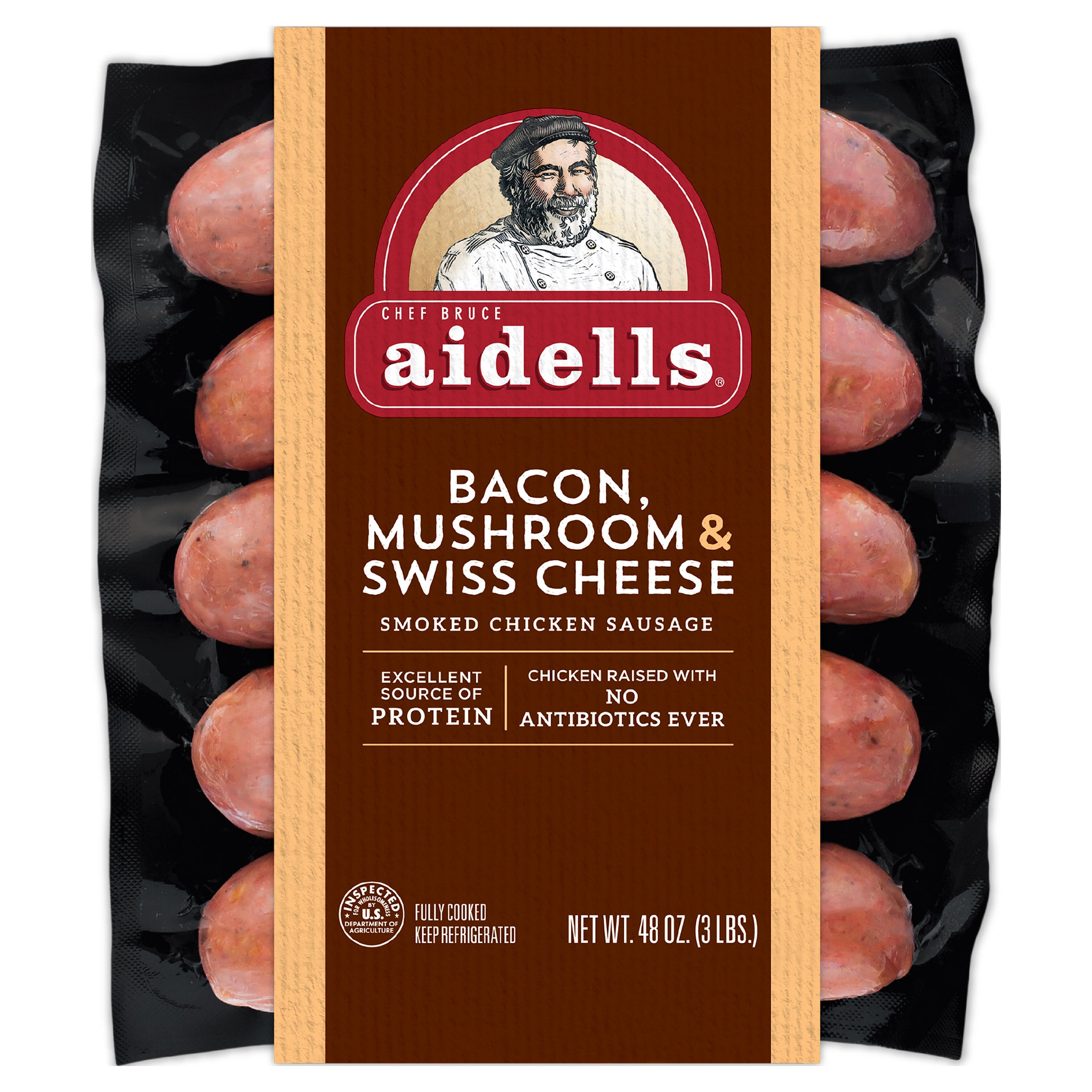 AIDELLS BACON MUSHROOM SWISS SAUSAGE 48 OZ (3 LBS)