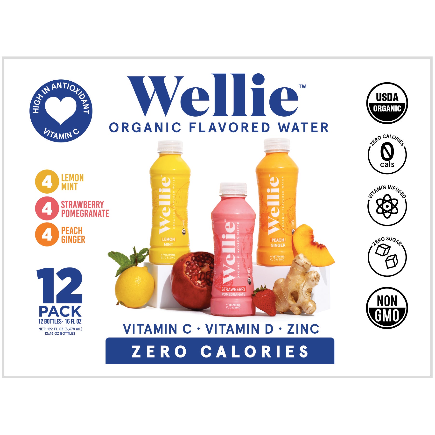 WELLIE ORGANIC WATER VARIETY PACK 12 PACK 16 OUNCES EACH - Image 1