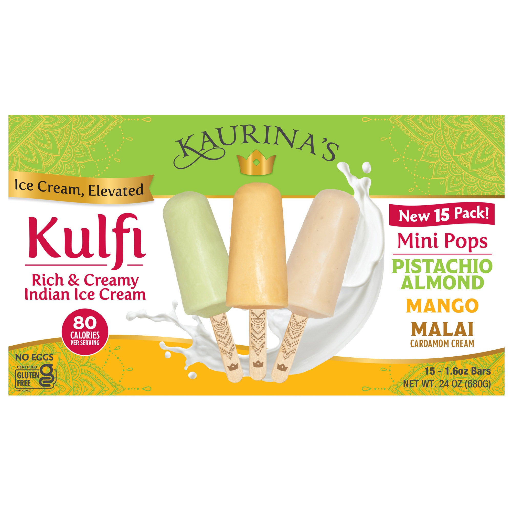 KAURINA'S KULFI PISTACHIO/MANGO/MALAI 15 COUNT 24 OUNCES - Image 1