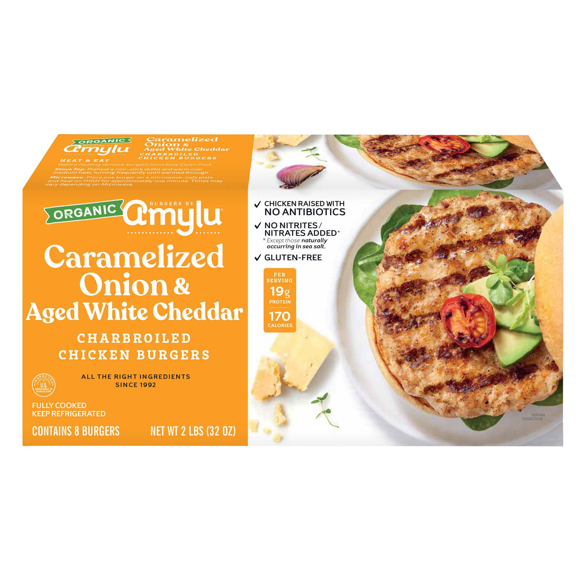 AMYLU ORGANIC CHICKEN WHITE CHEDDAR BURGER 32 OZ (2 LBS)