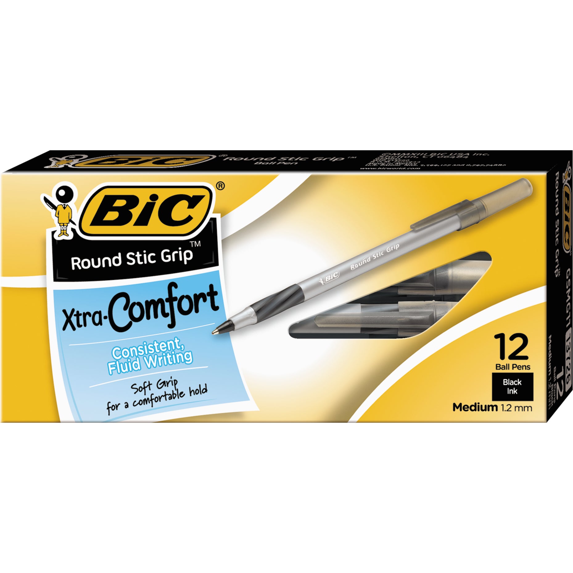BIC ROUND STIC GRIP BLACK BALLPOINT PEN BICGSMG11BK 12CT - Image 1
