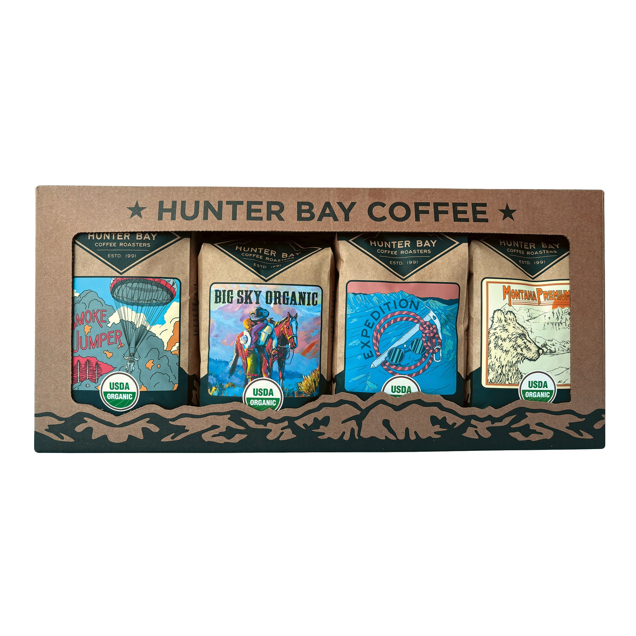 HUNTER BAY COFFEE ORGANIC VARIETY PACK 4/12 OZ WHOLE BEAN