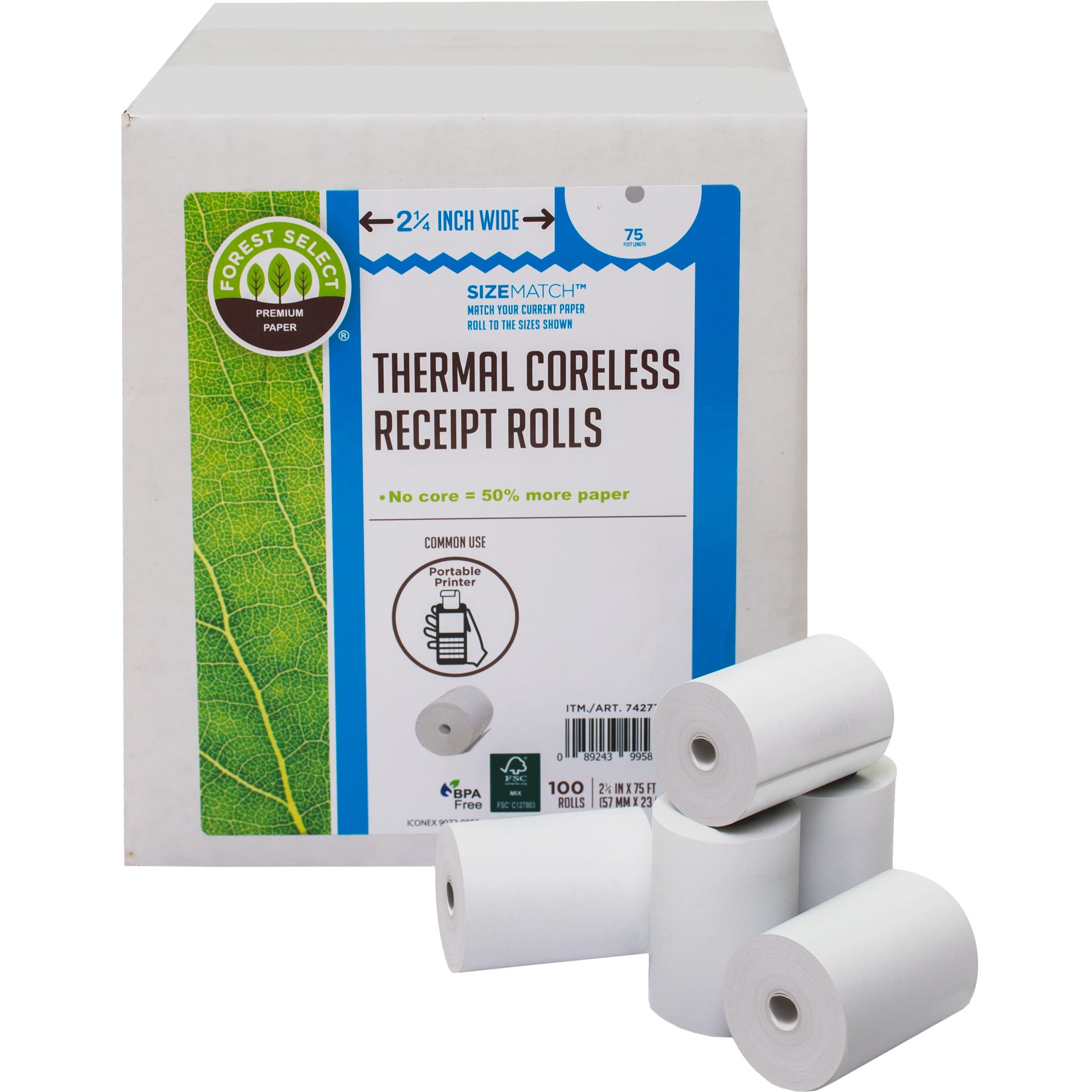 FOREST SELECT THERMAL PAPER ROLLS 2 1/4" X 75' 100 CT - Image 1