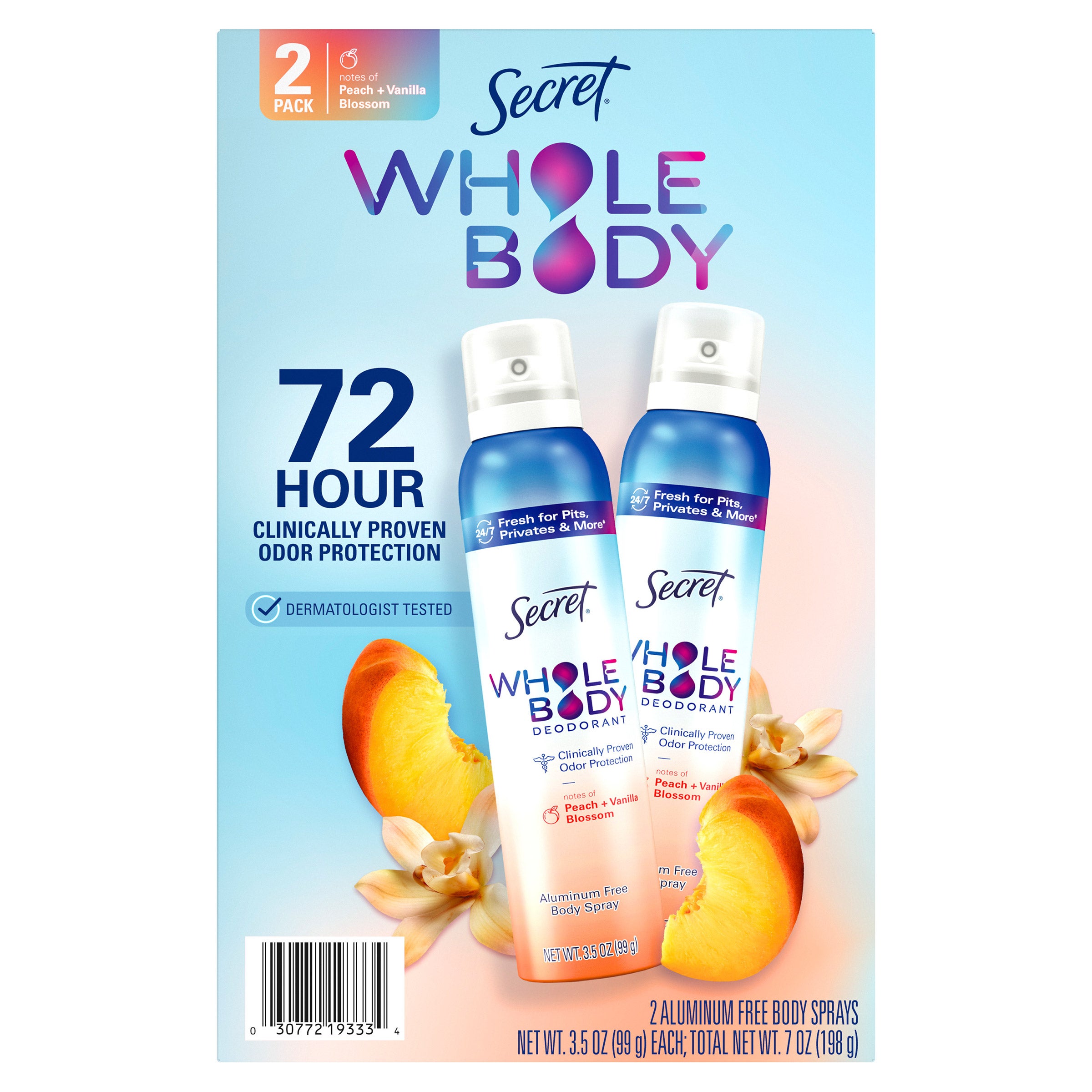 SECRET WHOLE BODY DEO PEACH & VANILLA SCENT (2) 3.5 OZ SPRAY - Image 1
