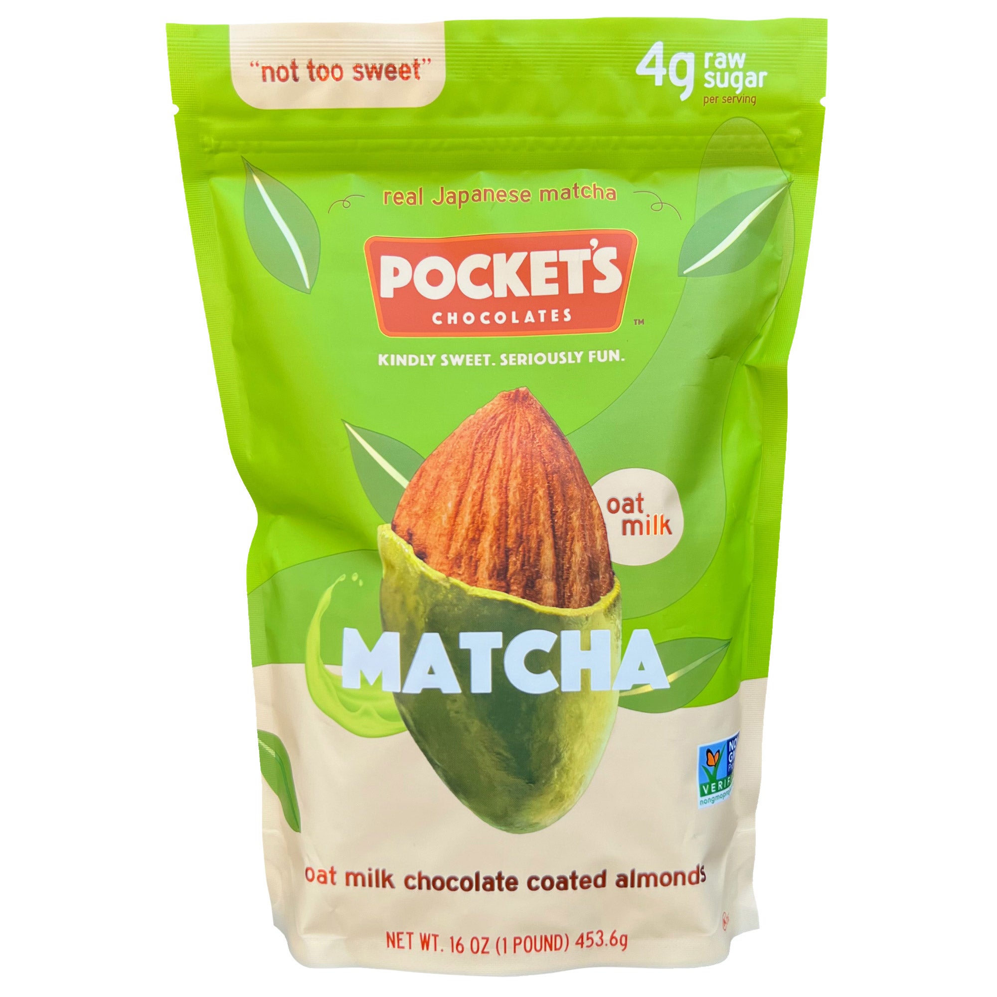 POCKET'S CHOCOLATES MATCHA COVERED ALMONDS 16 OUNCES