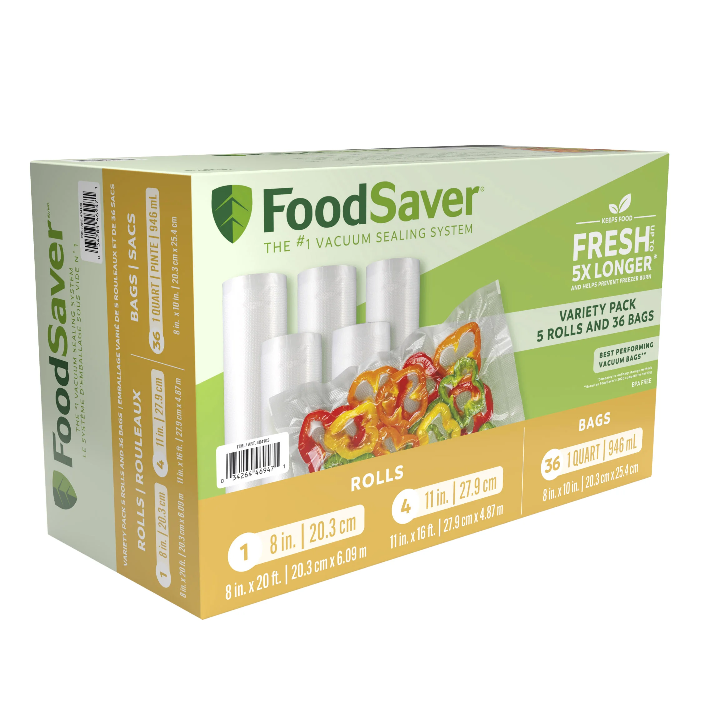 FOODSAVER VARIETY PACK ROLLS AND BAGS 5 ROLLS AND 36 BAGS