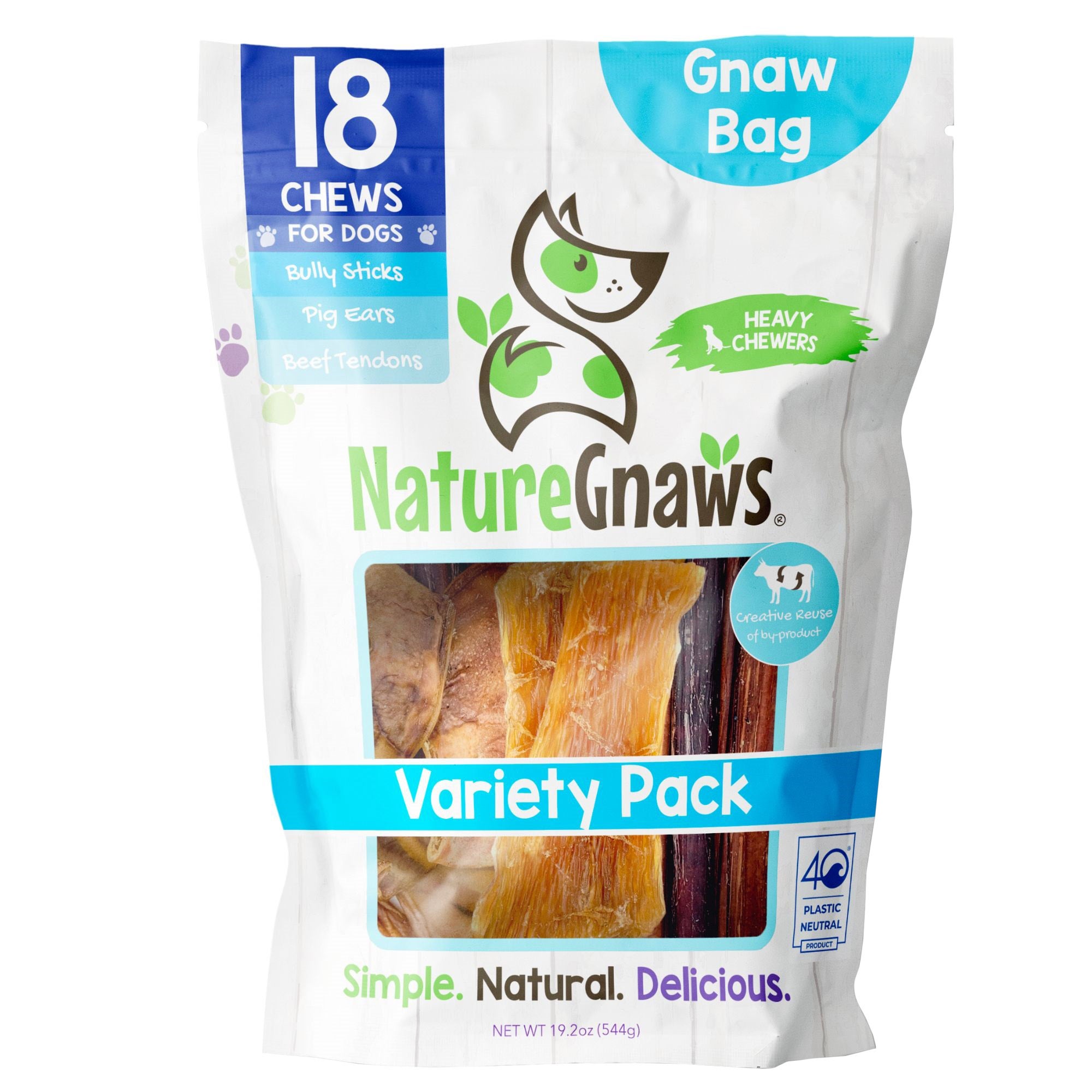 NATURE GNAWS VARIETY BULLY/TENDONS/EARS 18 CT / 19.2 OZ