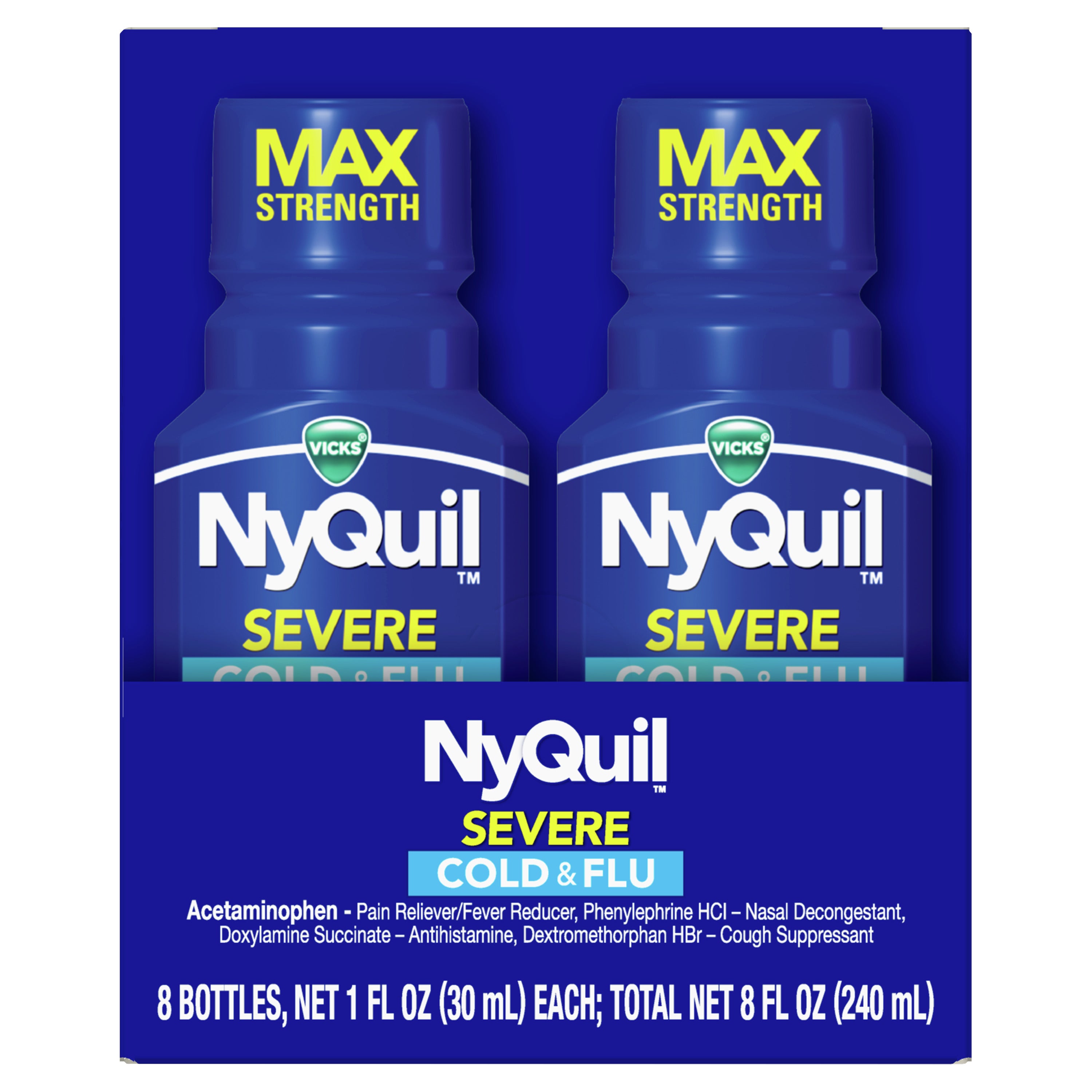 VICKS NYQUIL MAX SEVERE COLD & FLU 8 X1 OZ MINI BOTTLES - Image 1