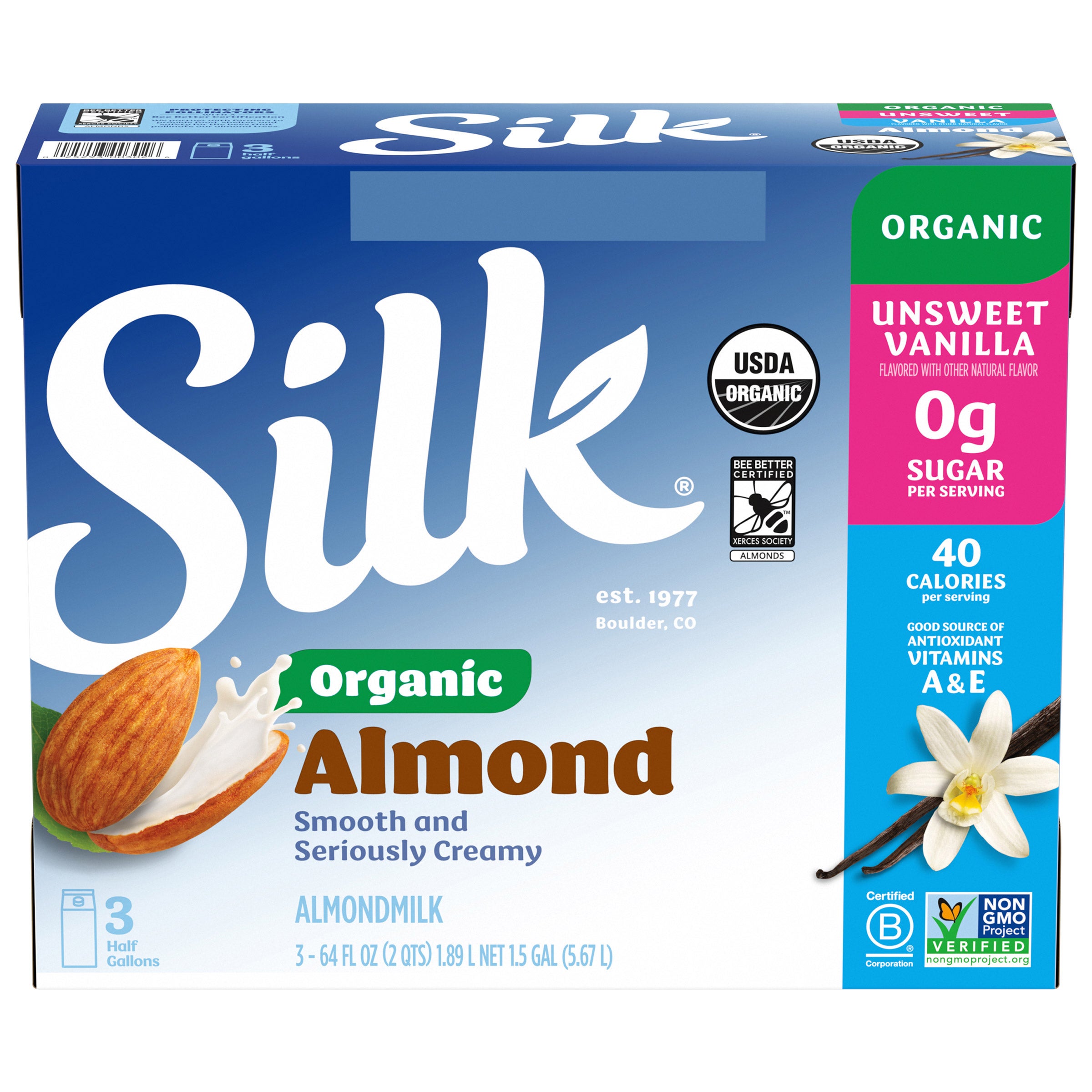 SILK ORG UNSWEETENED VANILLA ALMOND MILK 3-1/2 GAL