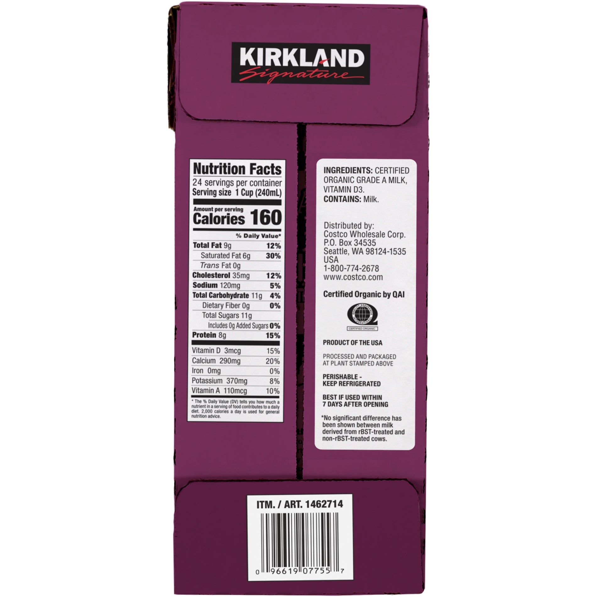 KIRKLAND SIGNATURE ORGANIC A2 PROTEIN WHOLE MILK 3/64 OZ - Image 1