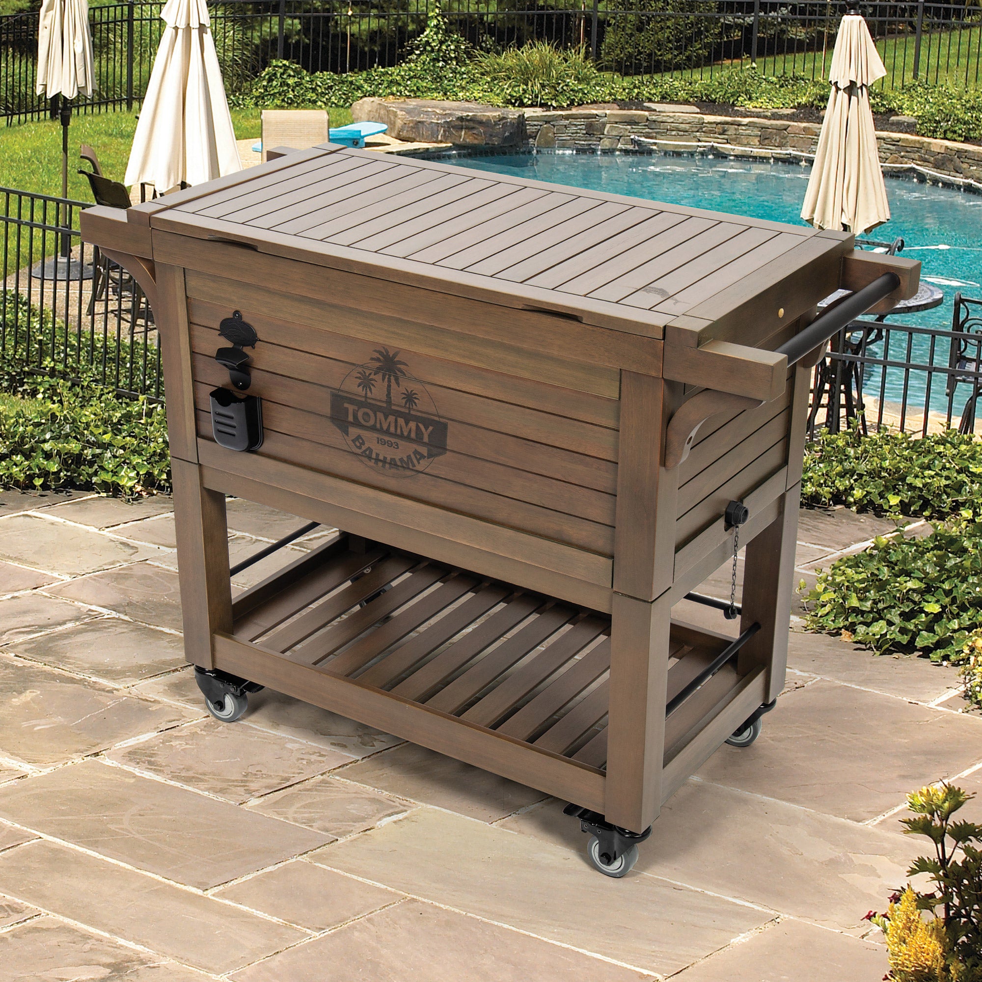 TOMMY BAHAMA 100 QT ROLLING WOOD COOLER - Image 1