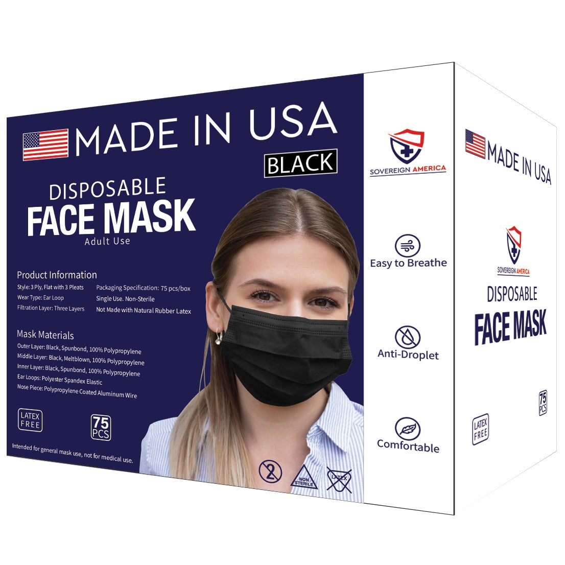 GENERAL USE FACE MASK 75CT BLACK MADE IN USA - Image 1