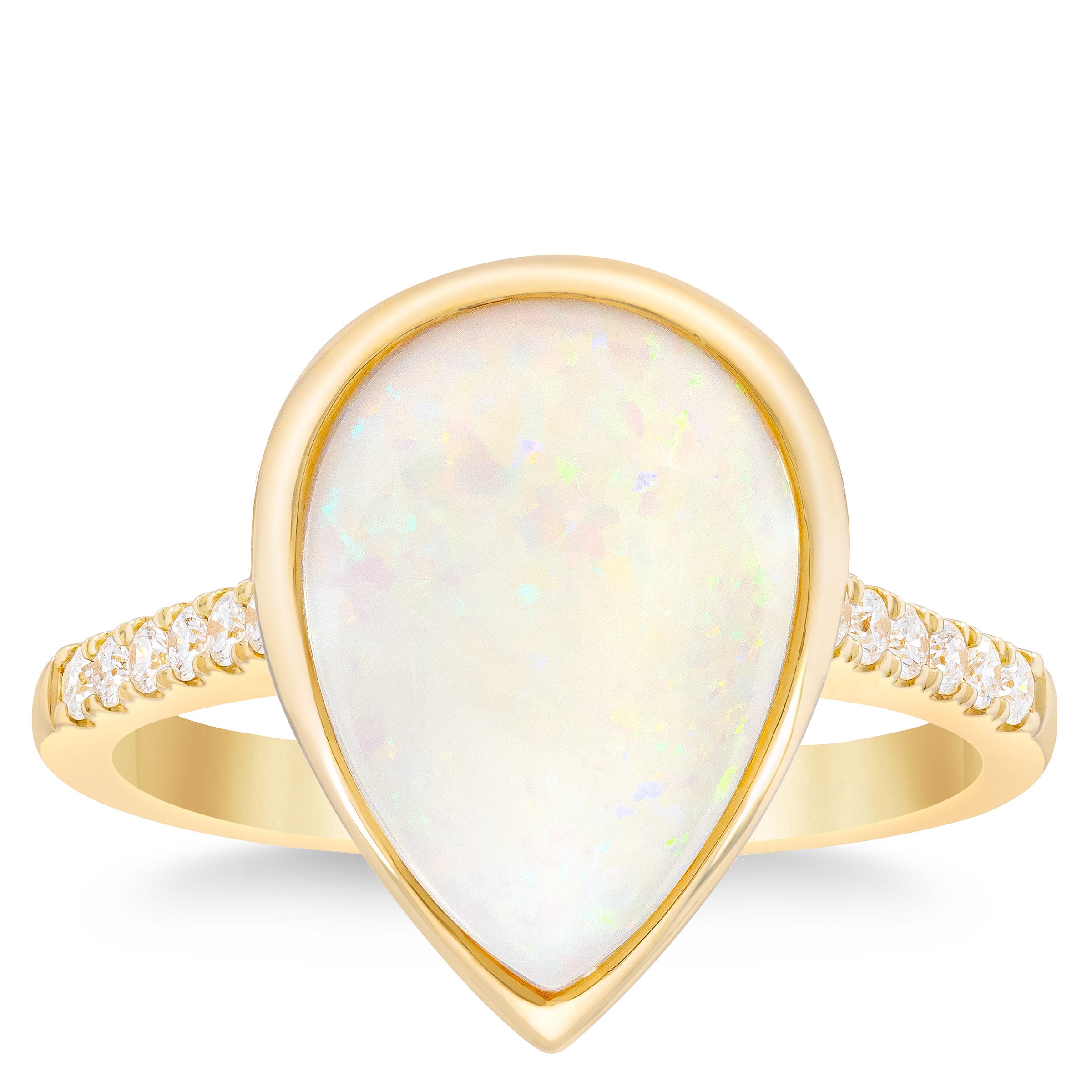 14KT YELLOW GOLD VS2 I .12CTW ROUND DIAMOND & OPAL PEAR RING SIZE 7 - Image 1
