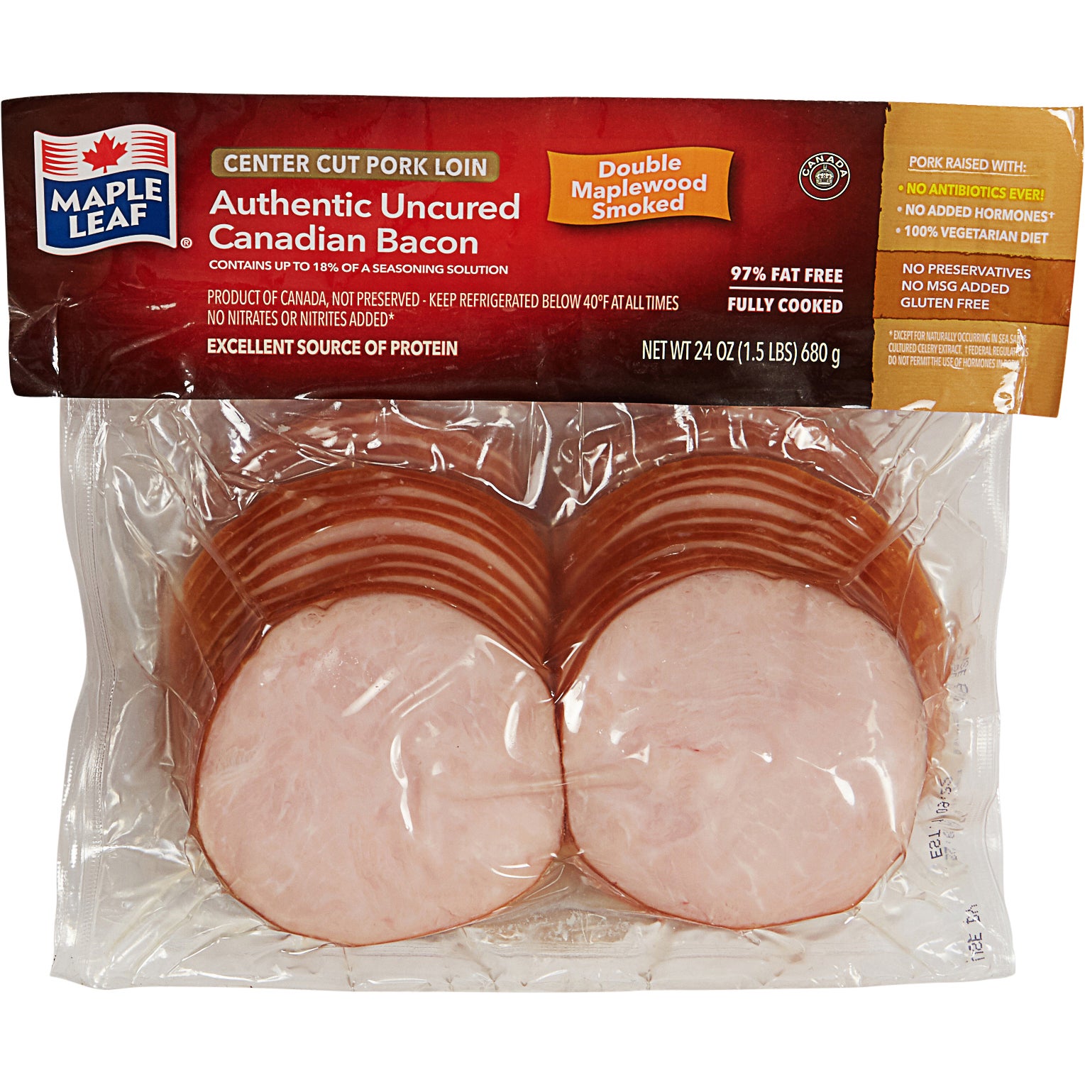MAPLE LEAF UNCURED CANADIAN BACON 2 PACK 12 OUNCES EACH