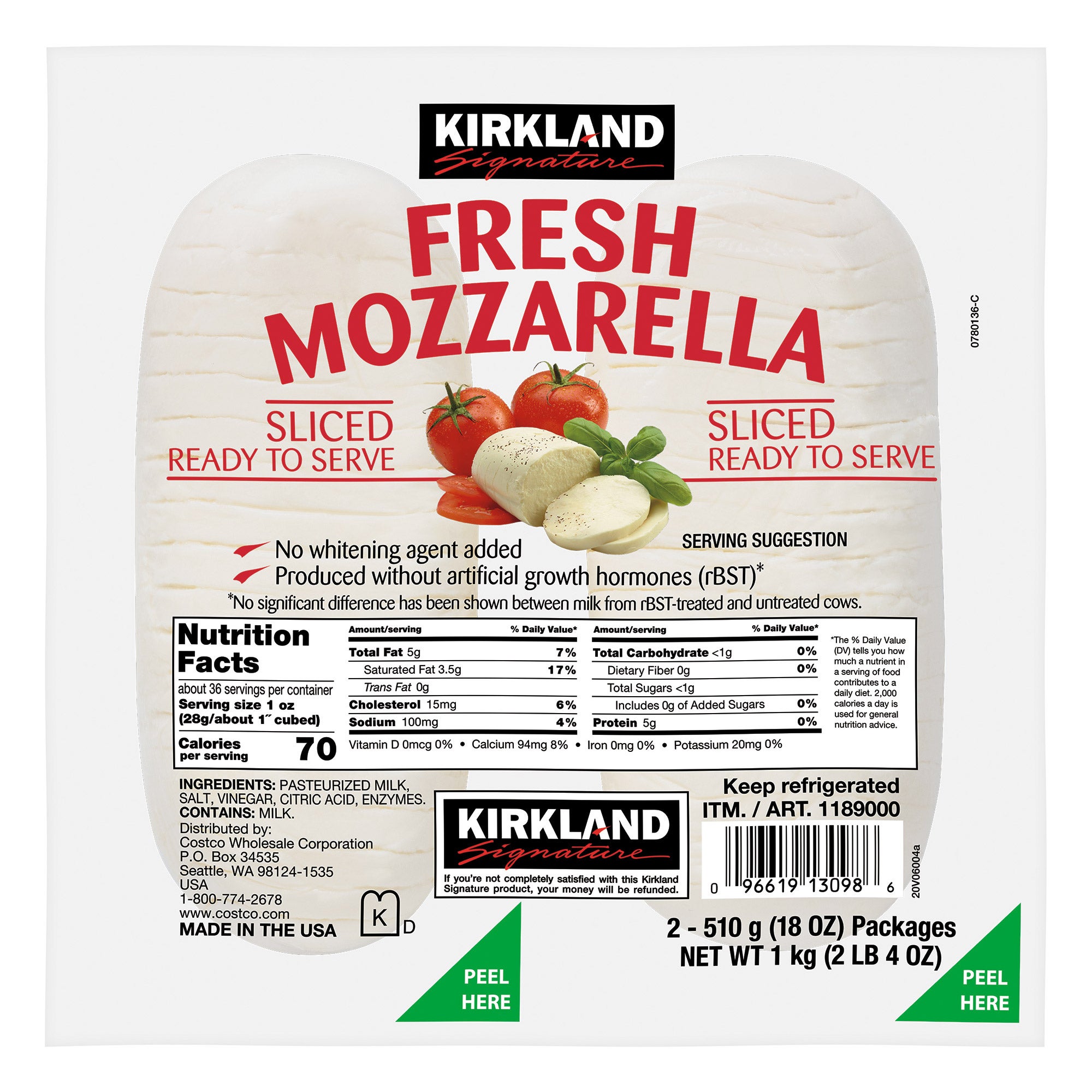 KIRKLAND SIGNATURE SLICED MOZZARELLA 2/18OZ (2.25 LBS)