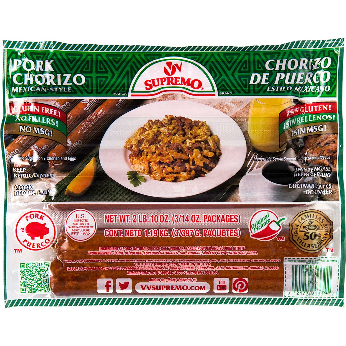 V&V SUPREMO FOODS PORK CHORIZO 42 OUNCE PACKAGE