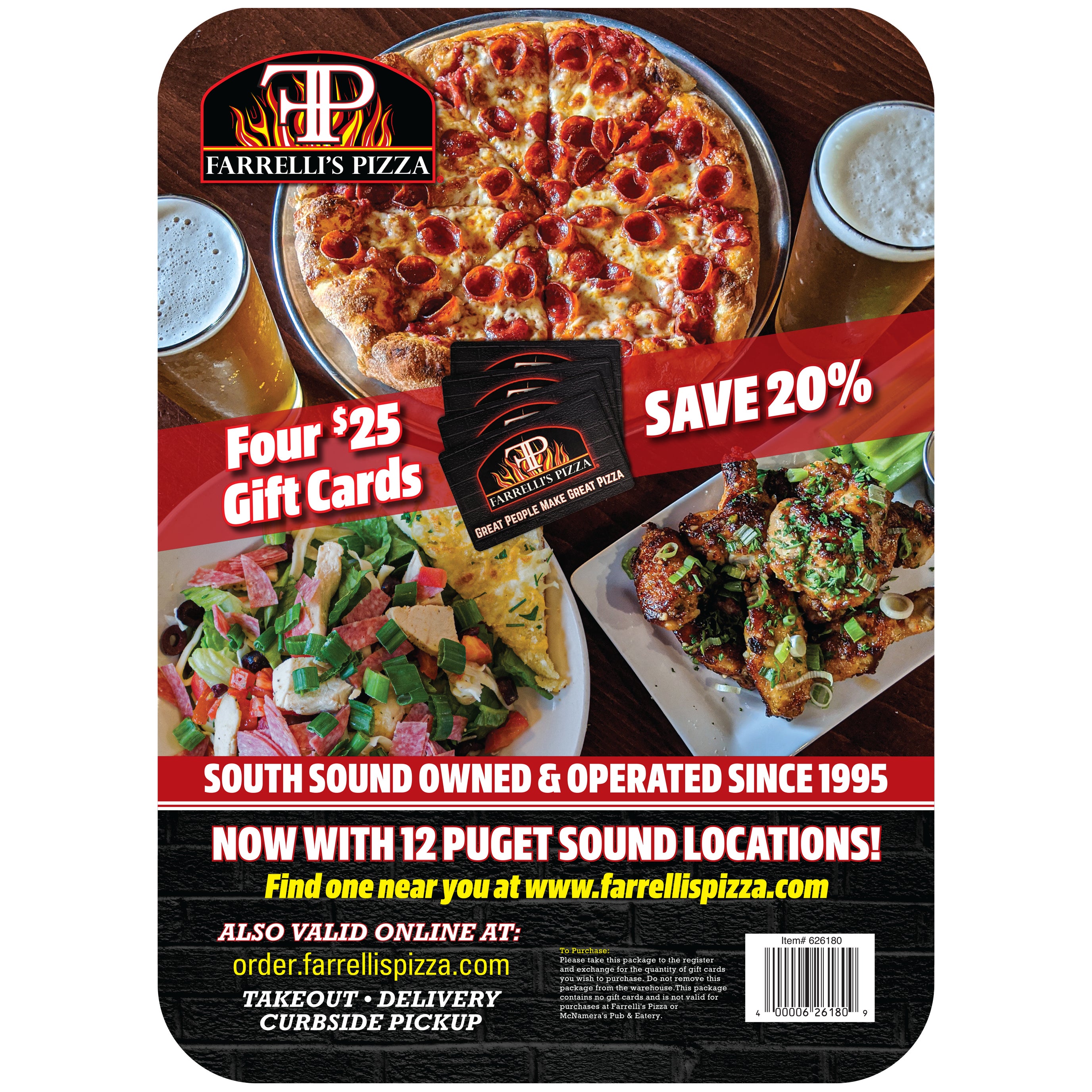 FARRELLI'S WOOD FIRE PIZZA 4/$25 GIFT CARDS ITEM IS NON-REFUNDABLE - Image 1