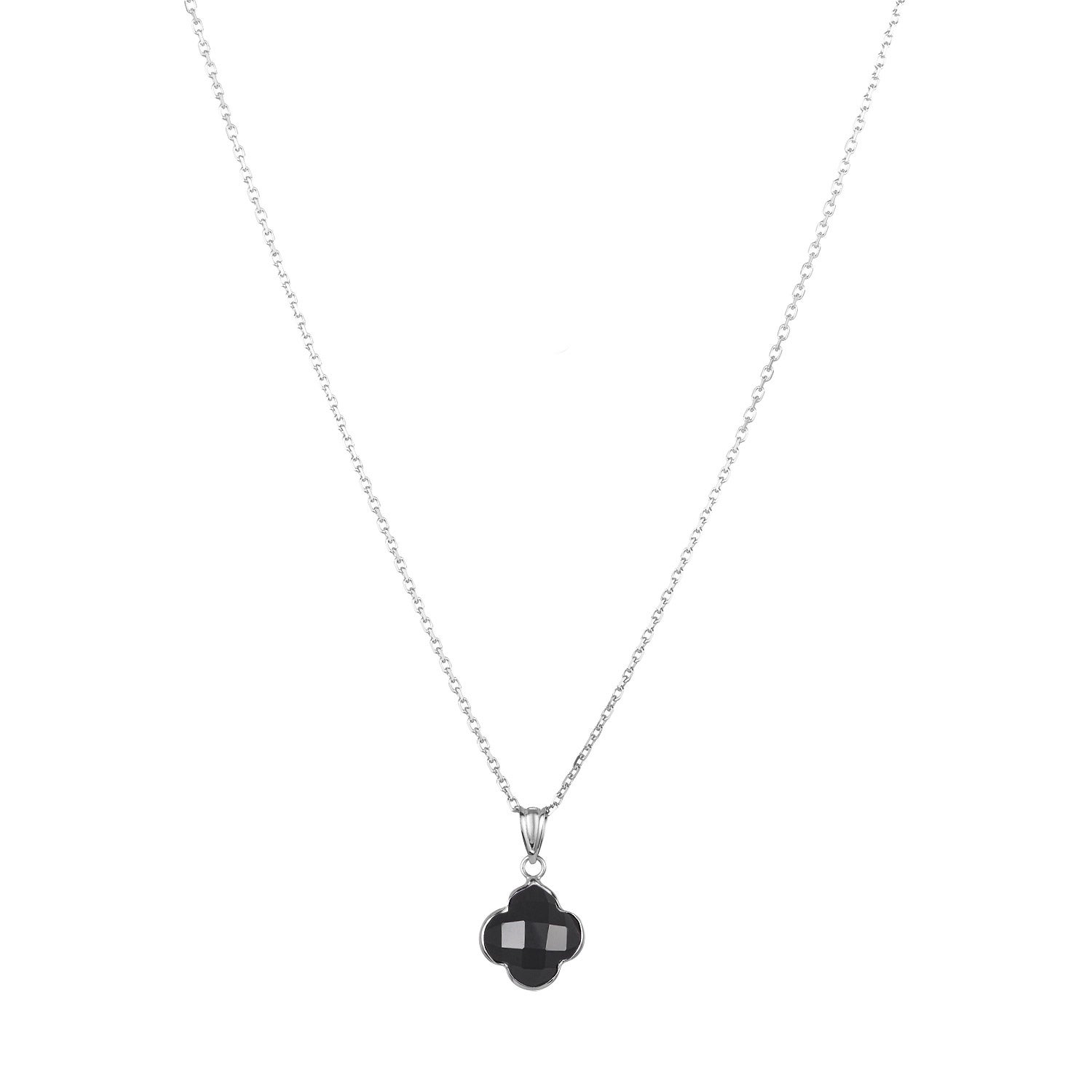 14KT WHITE GOLD 10MM BLACK ONYX CLOVER NECKLACE - Image 1
