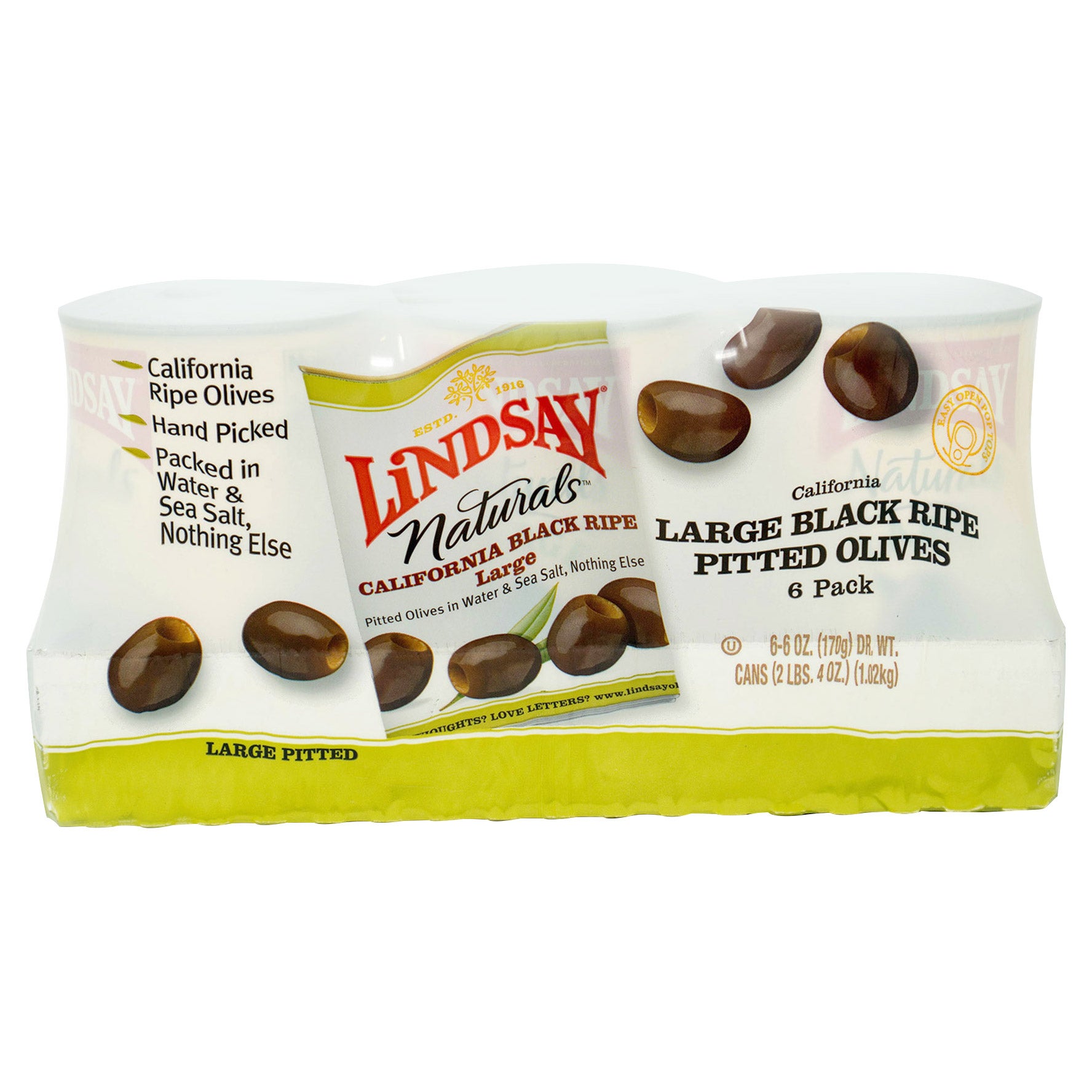 LINDSAY NATURALS LARGE BLACK PITTED OLIVES 6/6 OZ - Image 1
