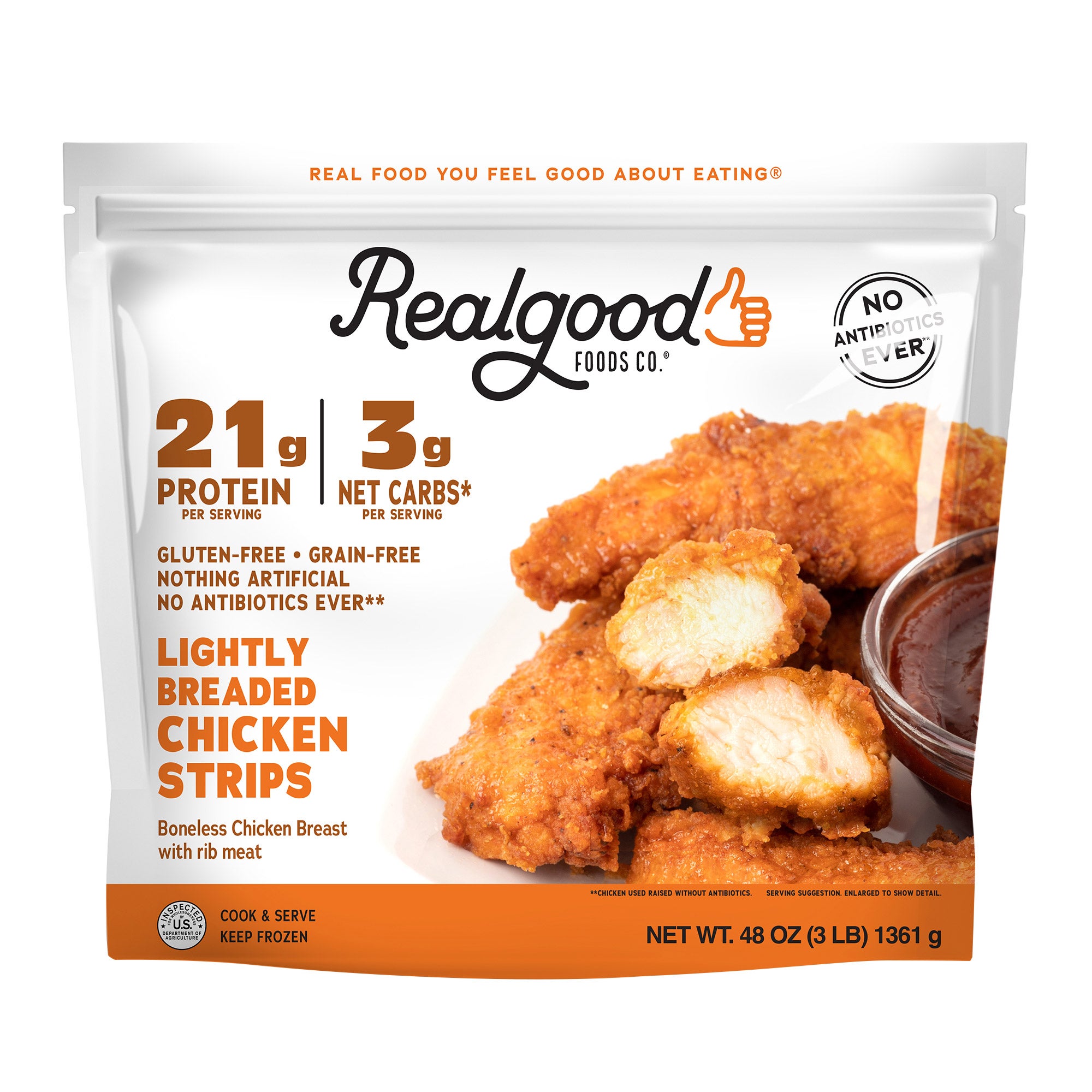REALGOOD FOODS CO. LIGHTLY BREADED CHICKEN STRIPS 3 LB - Image 1