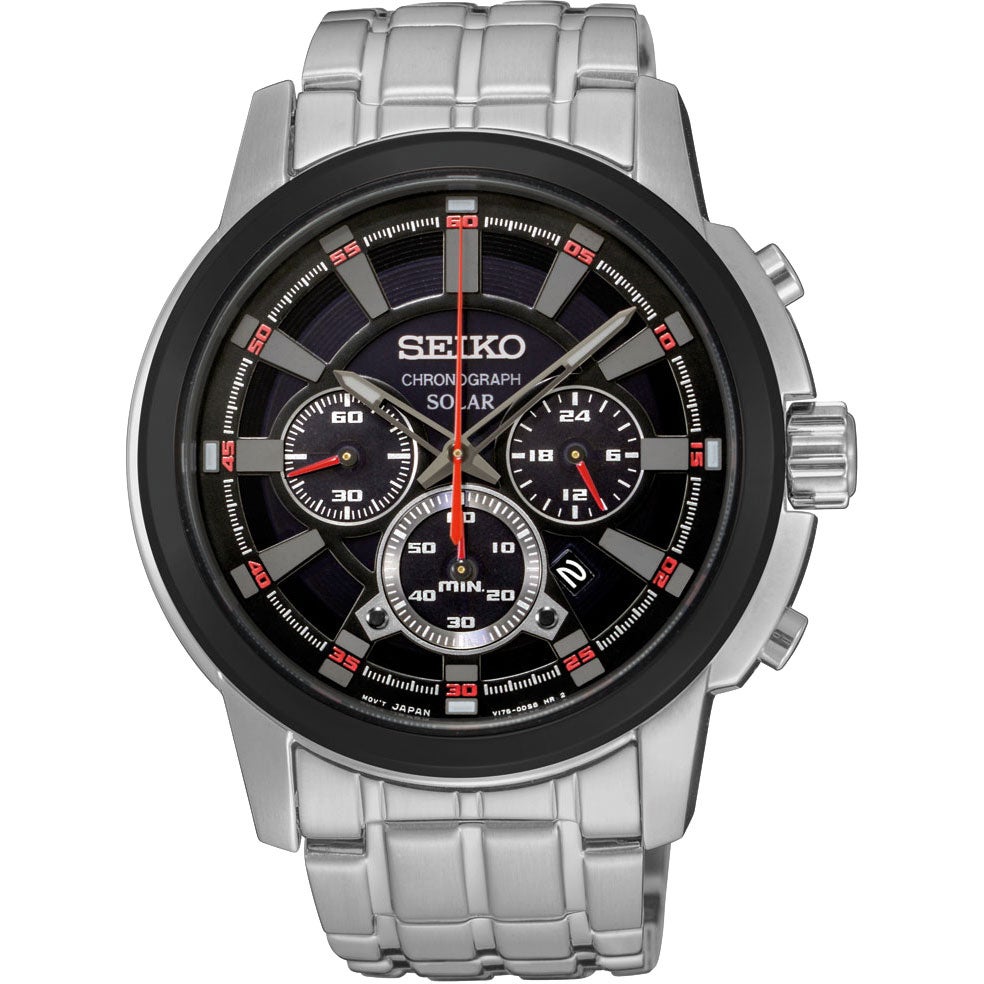 SEIKO SOLAR MENS CHRONOGRAPH BLACK DIAL WATCH