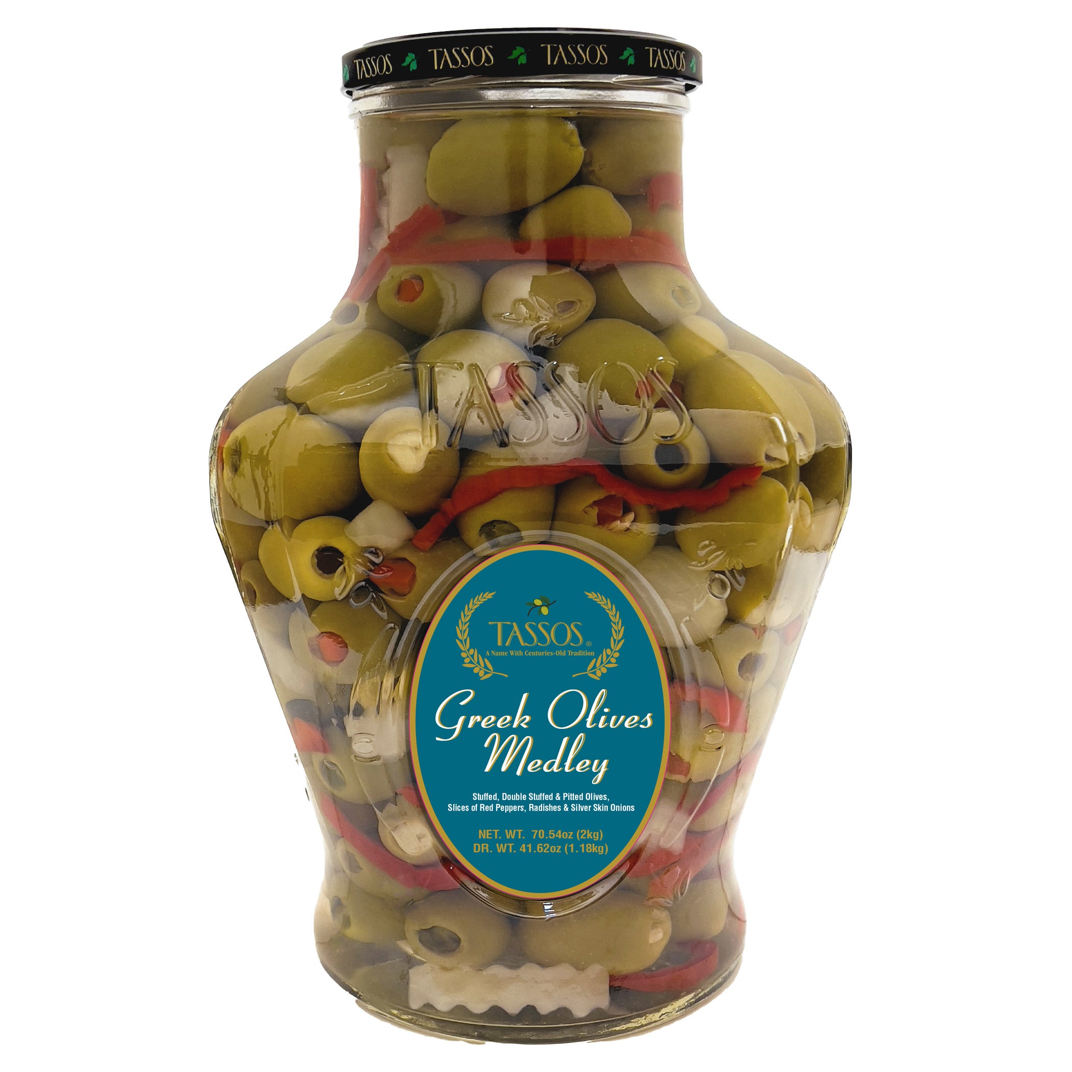 TASSOS MEDITERRANEAN GOURMET GREEK OLIVES 41.6 OUNCE URN