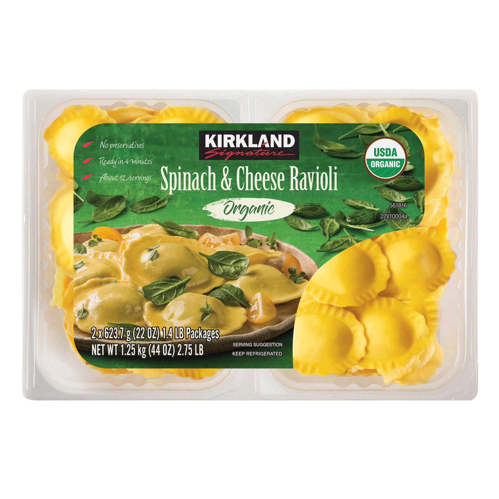 KIRKLAND SIGNATURE SPINACH & CHEESE ORGANIC RAVIOLI 2/22OZ