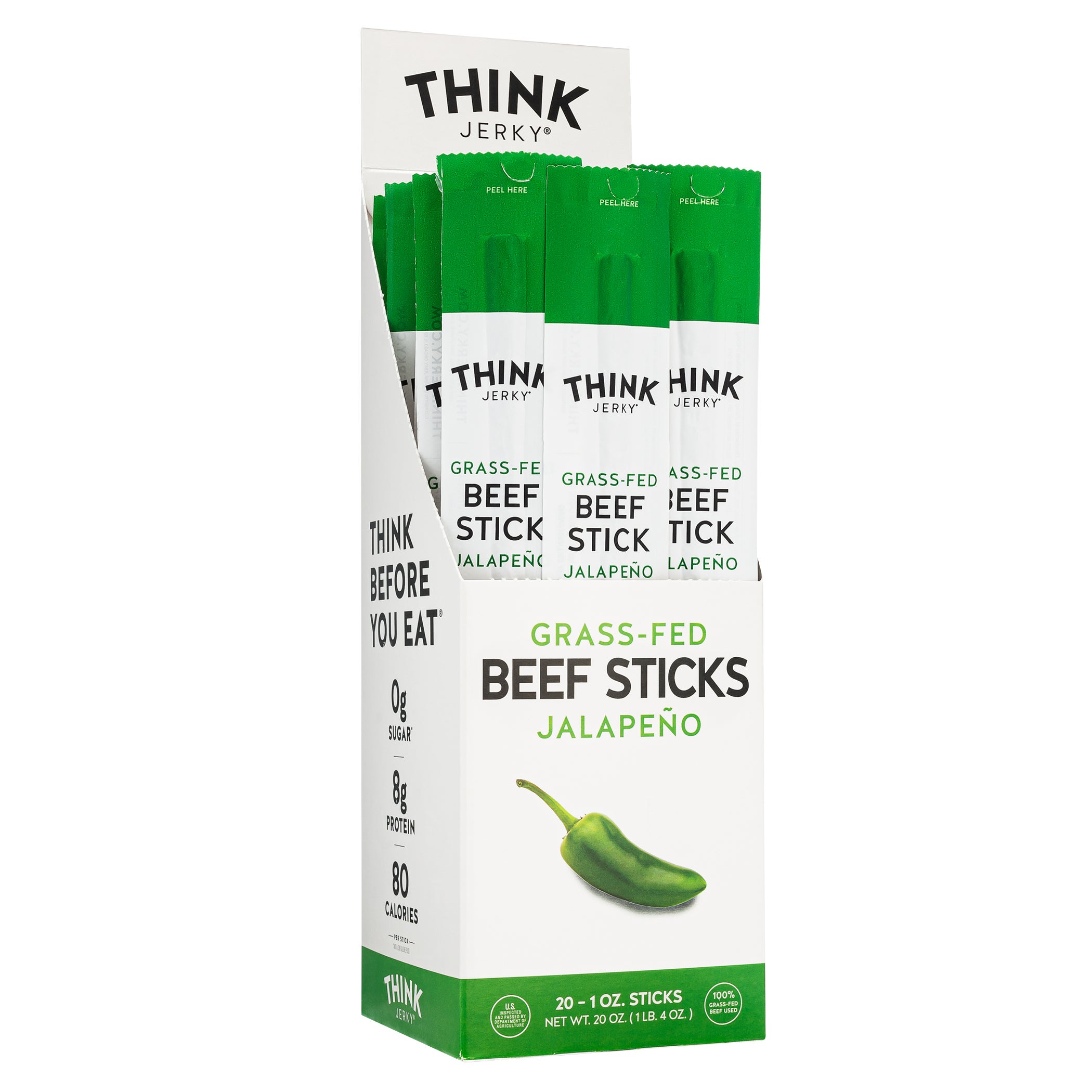 THINK JERKY JALAPENO 100% GRASSFED BEEF STICKS 20CT / 1 OZ - Image 1