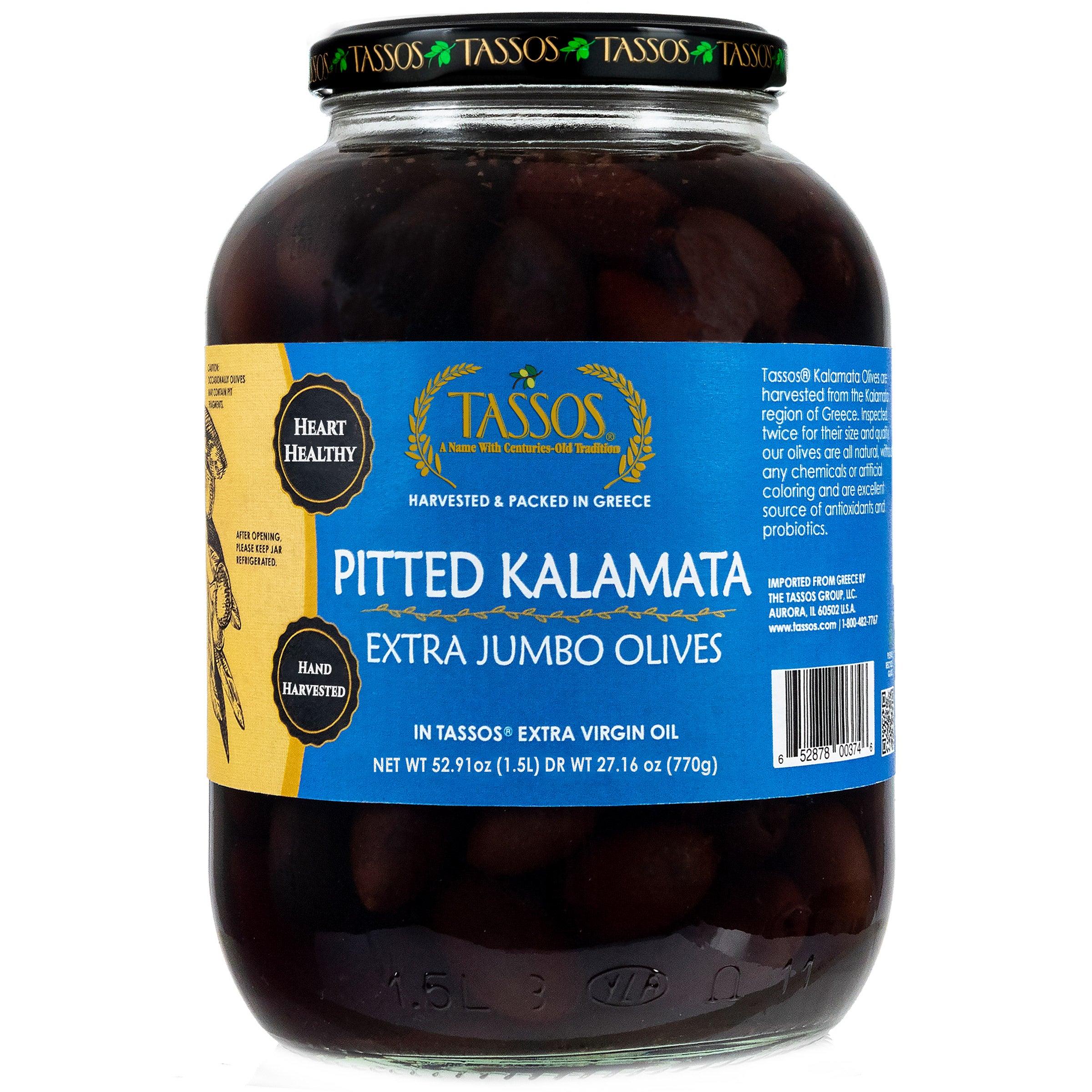 TASSOS PITTED KALAMATA OLIVES 27.16 OUNCE JAR