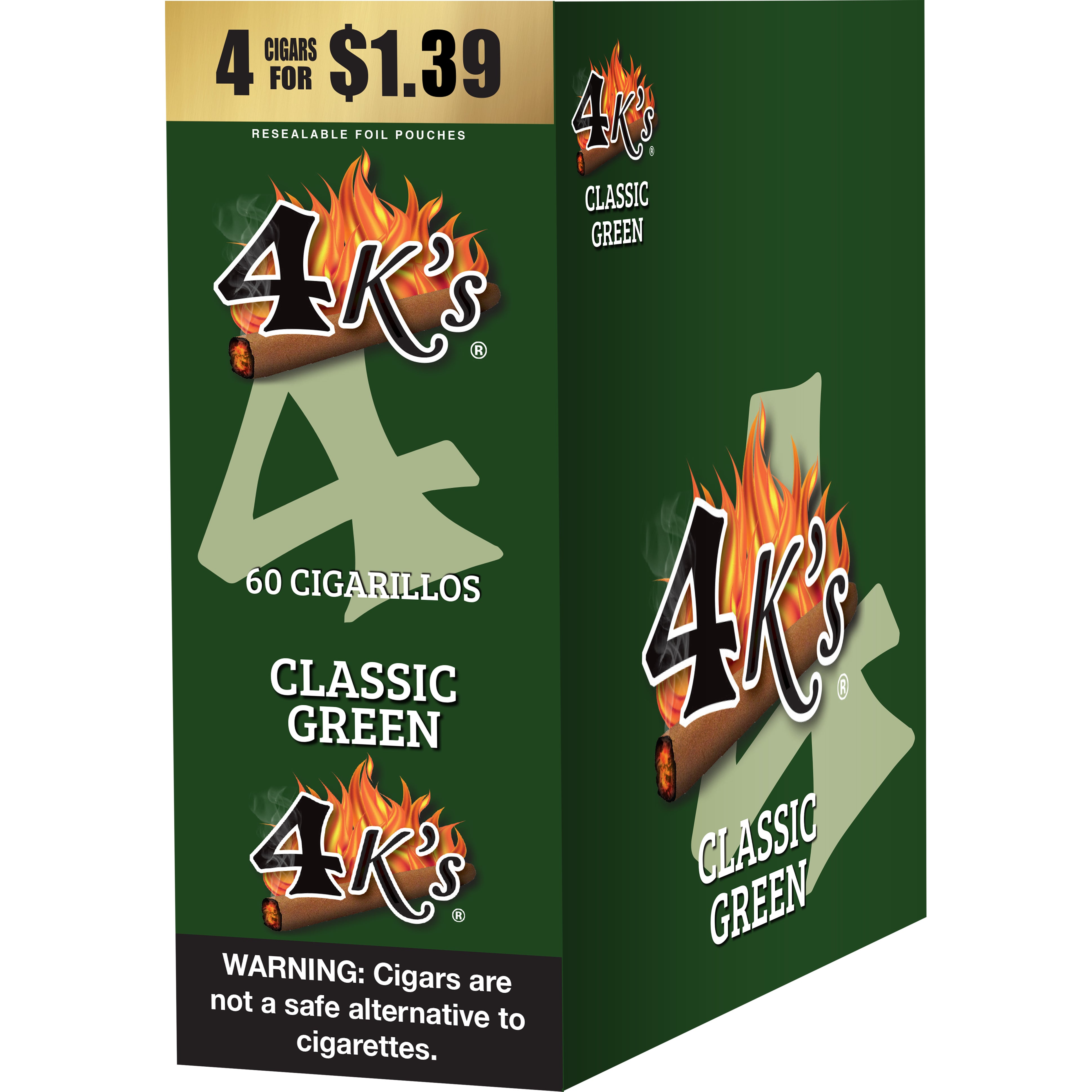4K'S CIGARILLOS CLASSIC GREEN 15/4CT PCHS $1.39 PP
