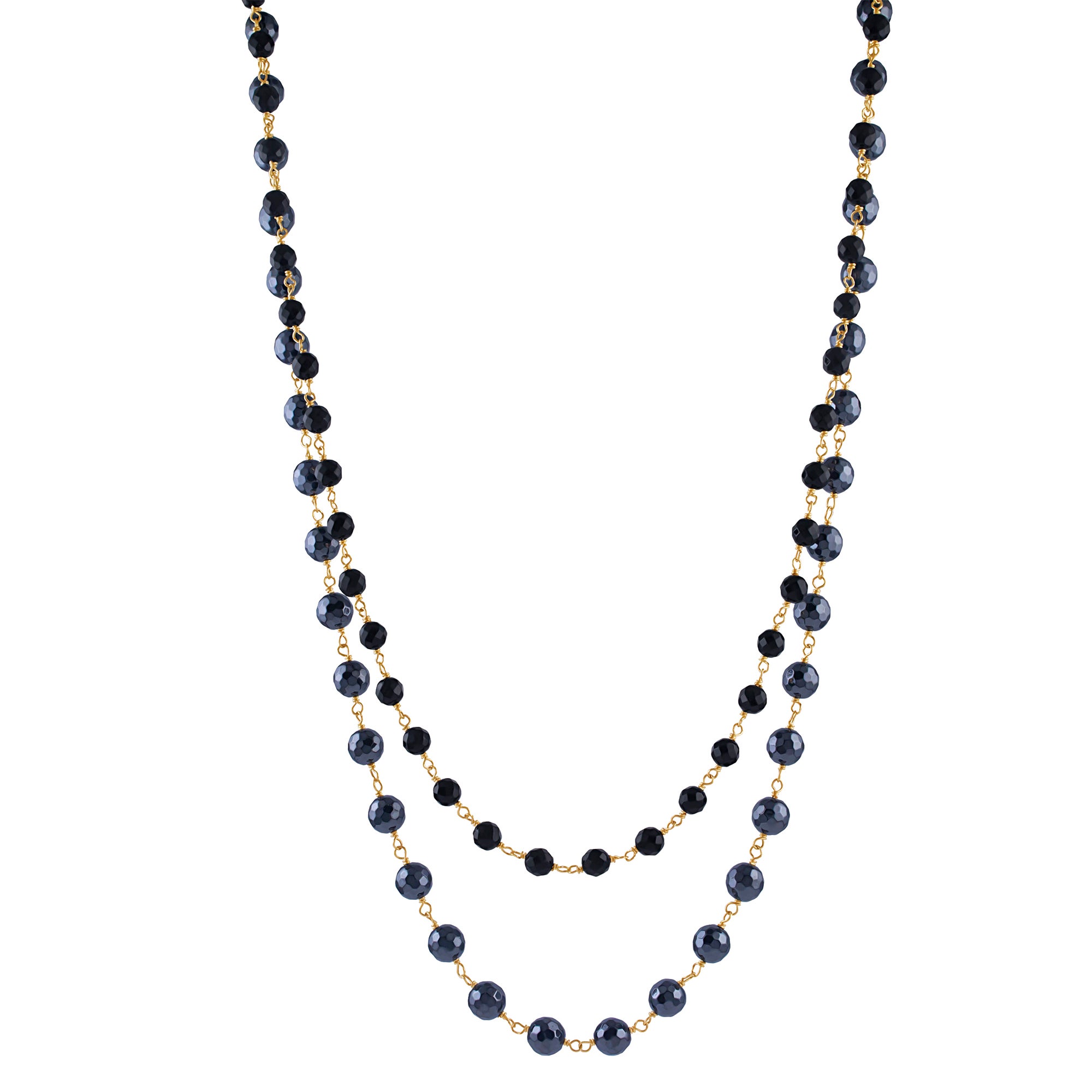 14KT YG HEMATITE AND ONYX 2 ROW NECKLACE
