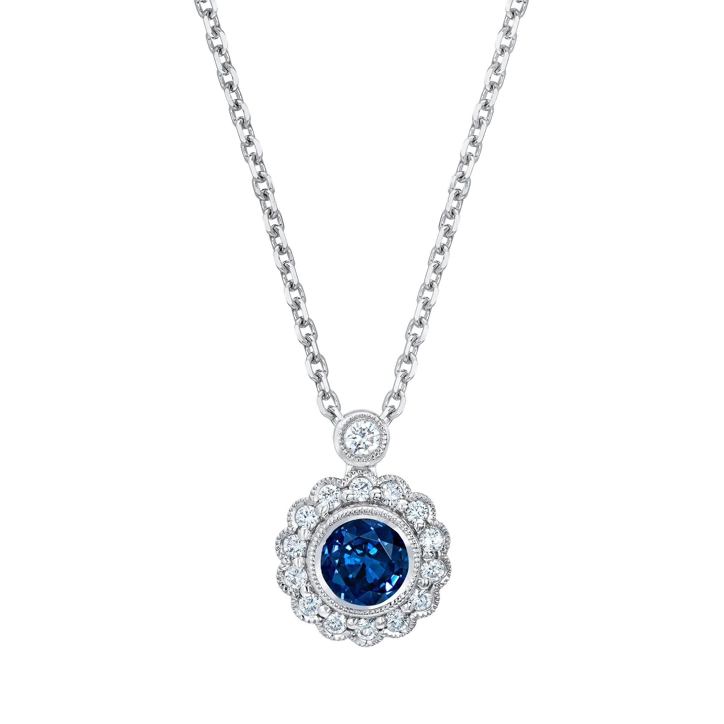 14KT WHITE GOLD .20CTW VS2, I DIAMOND & 5MM BLUE SAPPHIRE PENDANT - Image 1