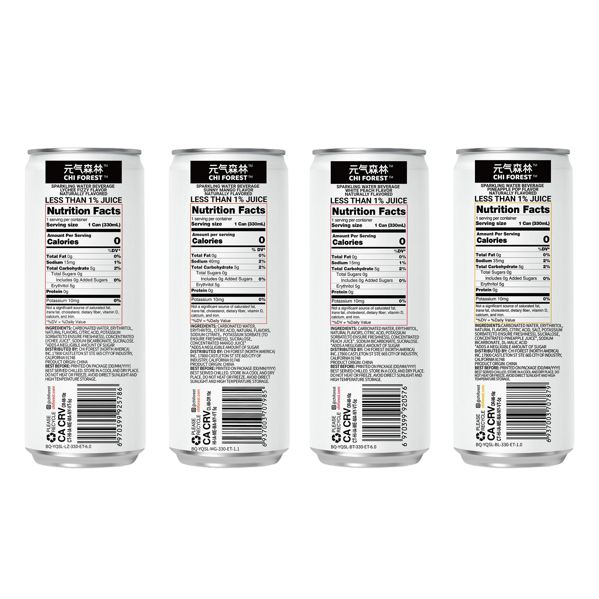 Chi Forest 4-Flavor Variety Pack Sparkling Water, 24 Cans, 11.16