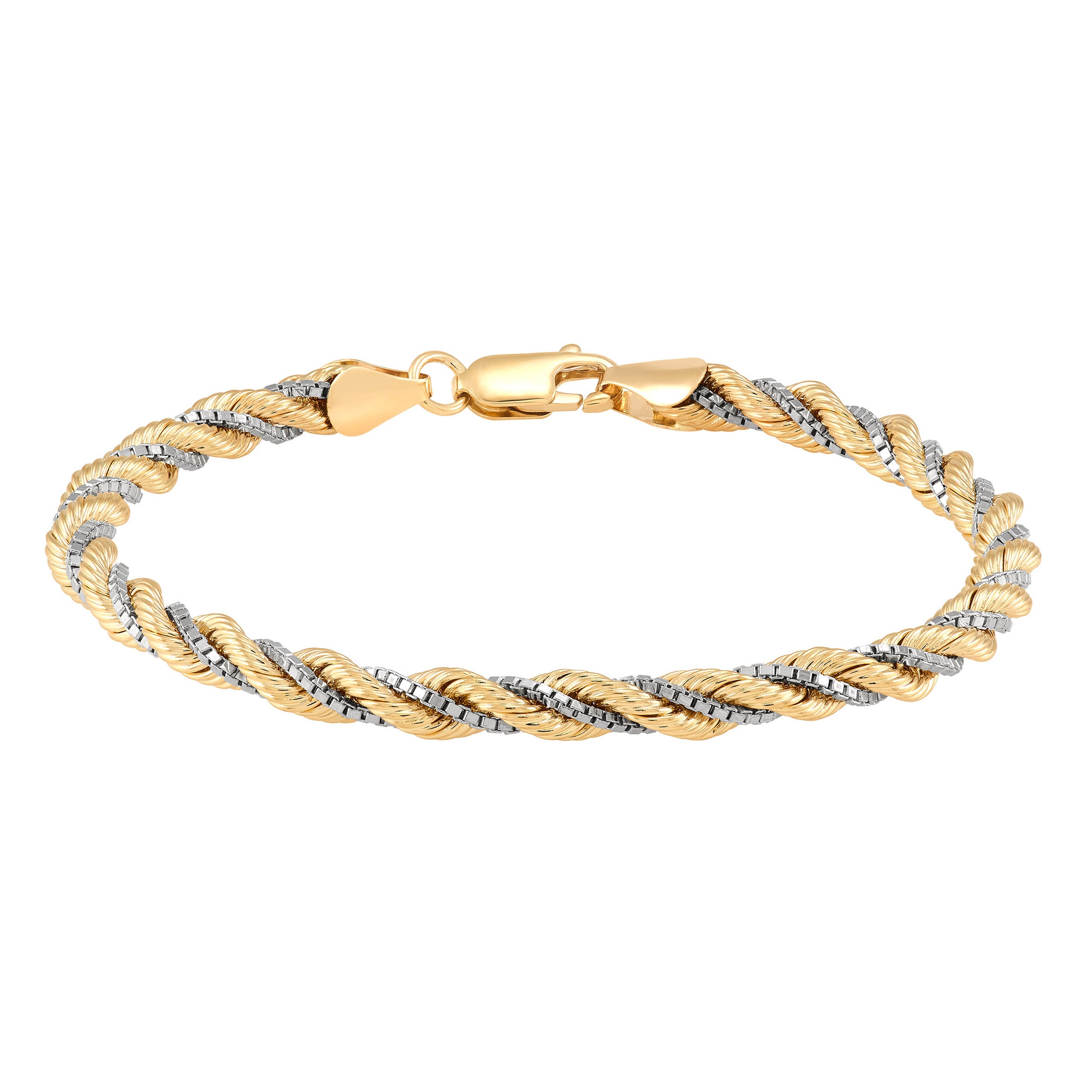 14KT Two-Tone Gold Rope and Box Chain Woven Bracelet, 7.5