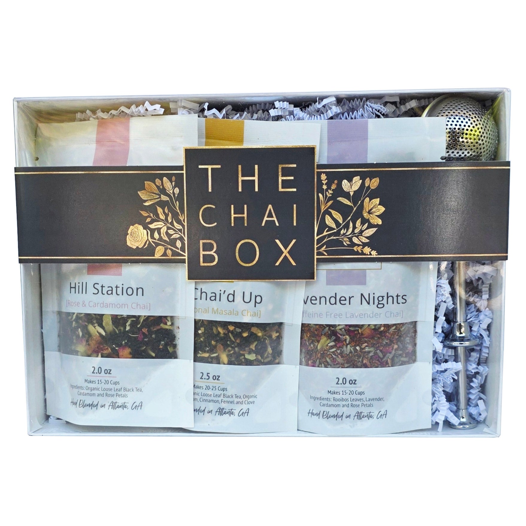 The Chai Box Tea Pack - Masala, Rose, Lavender (1/2.5oz, 2/2oz) +